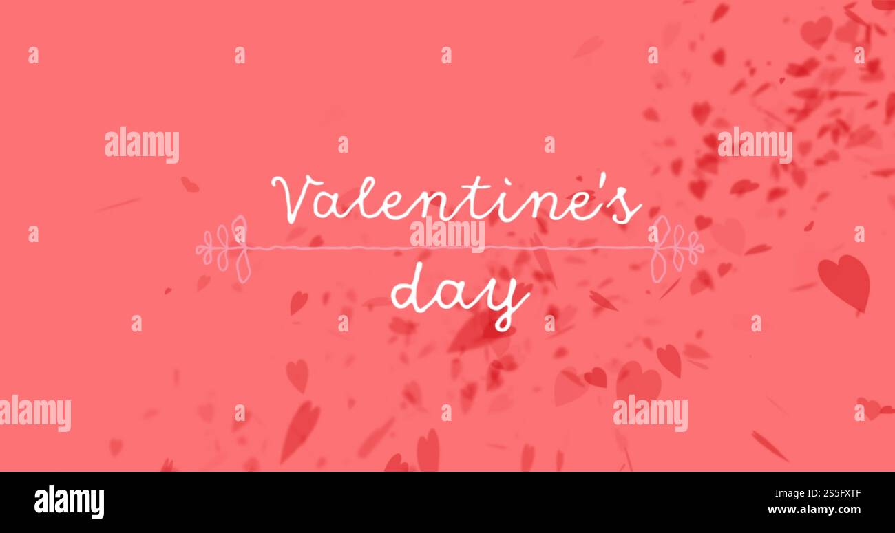 Immagine del banner di testo valentino e delle icone rosse a forma di cuore su sfondo rosa Foto Stock