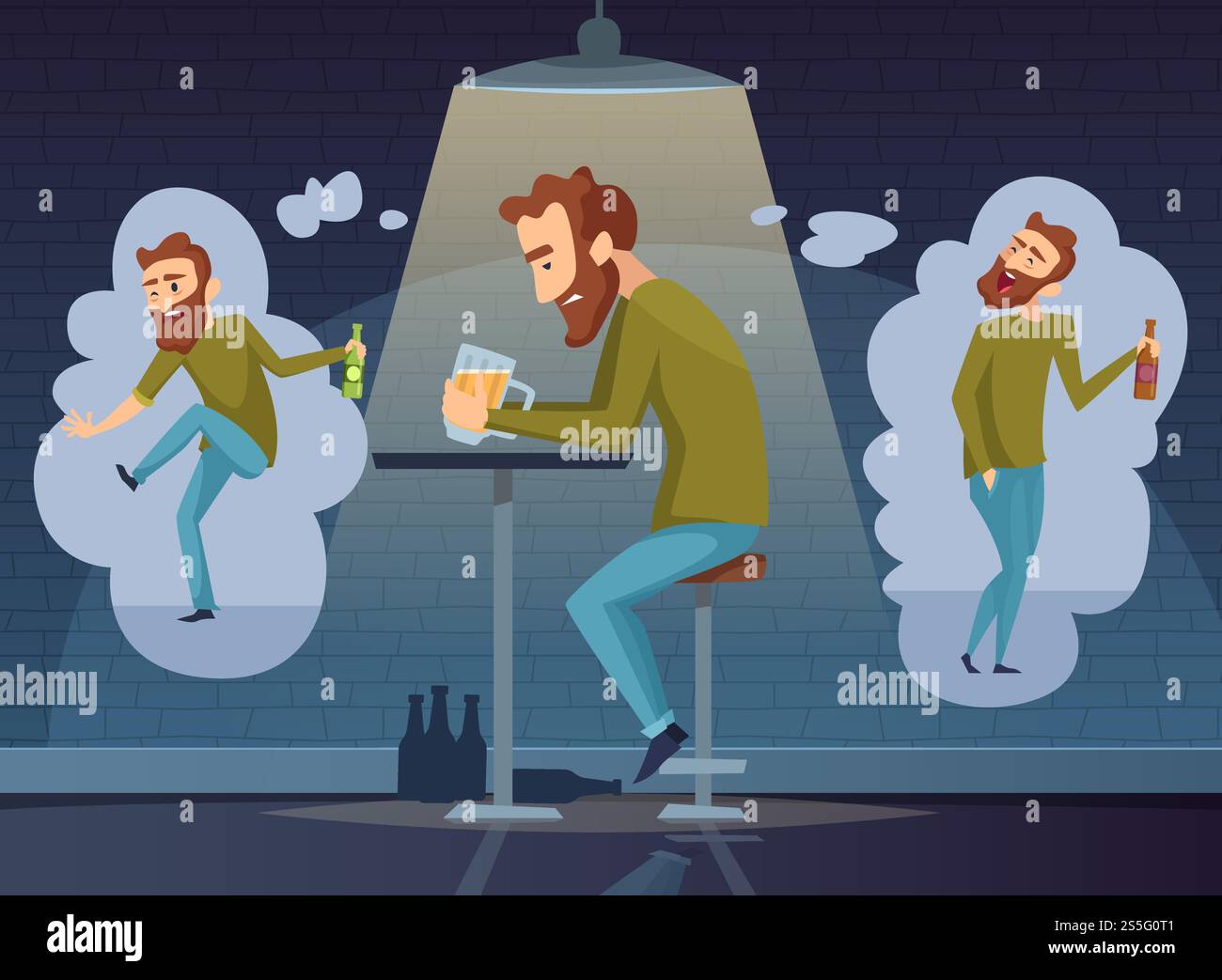 Concetto di alcolismo. Uomo dipendente alcolico depressione scura bere alcol vodka birra whisky vettoriale sociale sfondo cartello. Illustrazione di alcolismo uomo, triste persona sola, problema depresso. Concetto di alcolismo. Uomo dipendente alcolico depressione scura bere alcol vodka birra whisky vettoriale sociale sfondo cartello Illustrazione Vettoriale