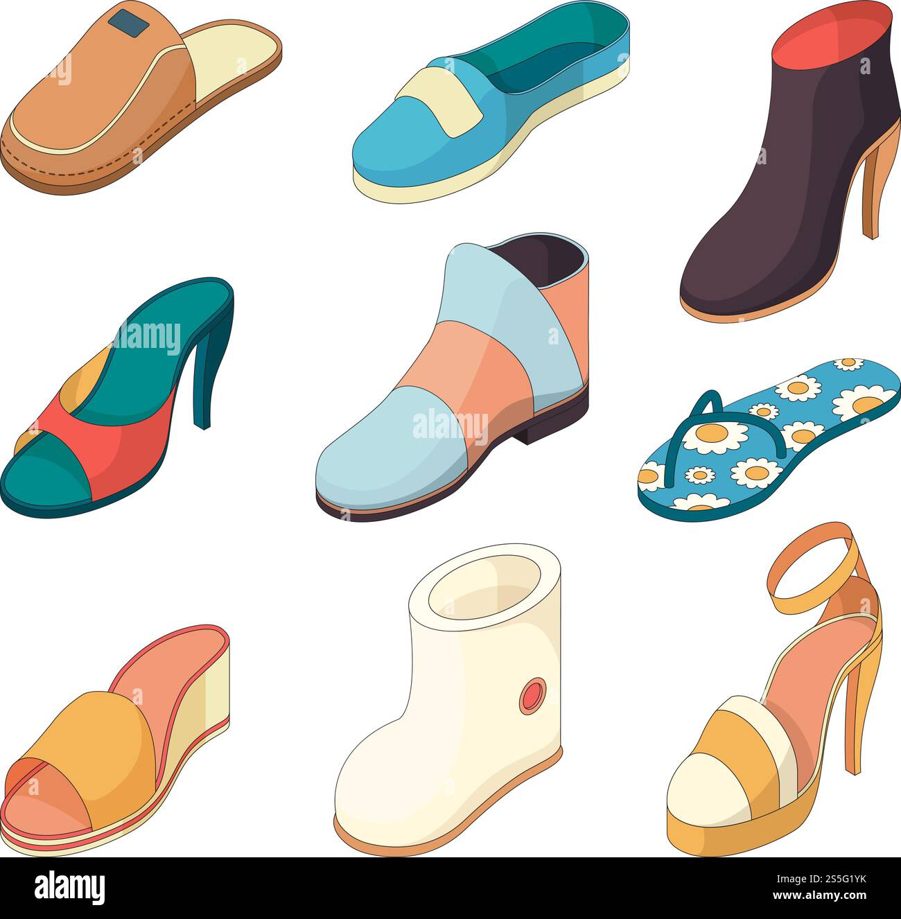 Scarpe uomo donna. Stivali casual modello scarpa con ciabatte da illustrazioni isometriche vettoriali in pelle. Collezione di calzature, modello donna alla moda. Scarpe uomo donna. Stivali casual modello scarpa con ciabatte da illustrazioni isometriche vettoriali in pelle Illustrazione Vettoriale