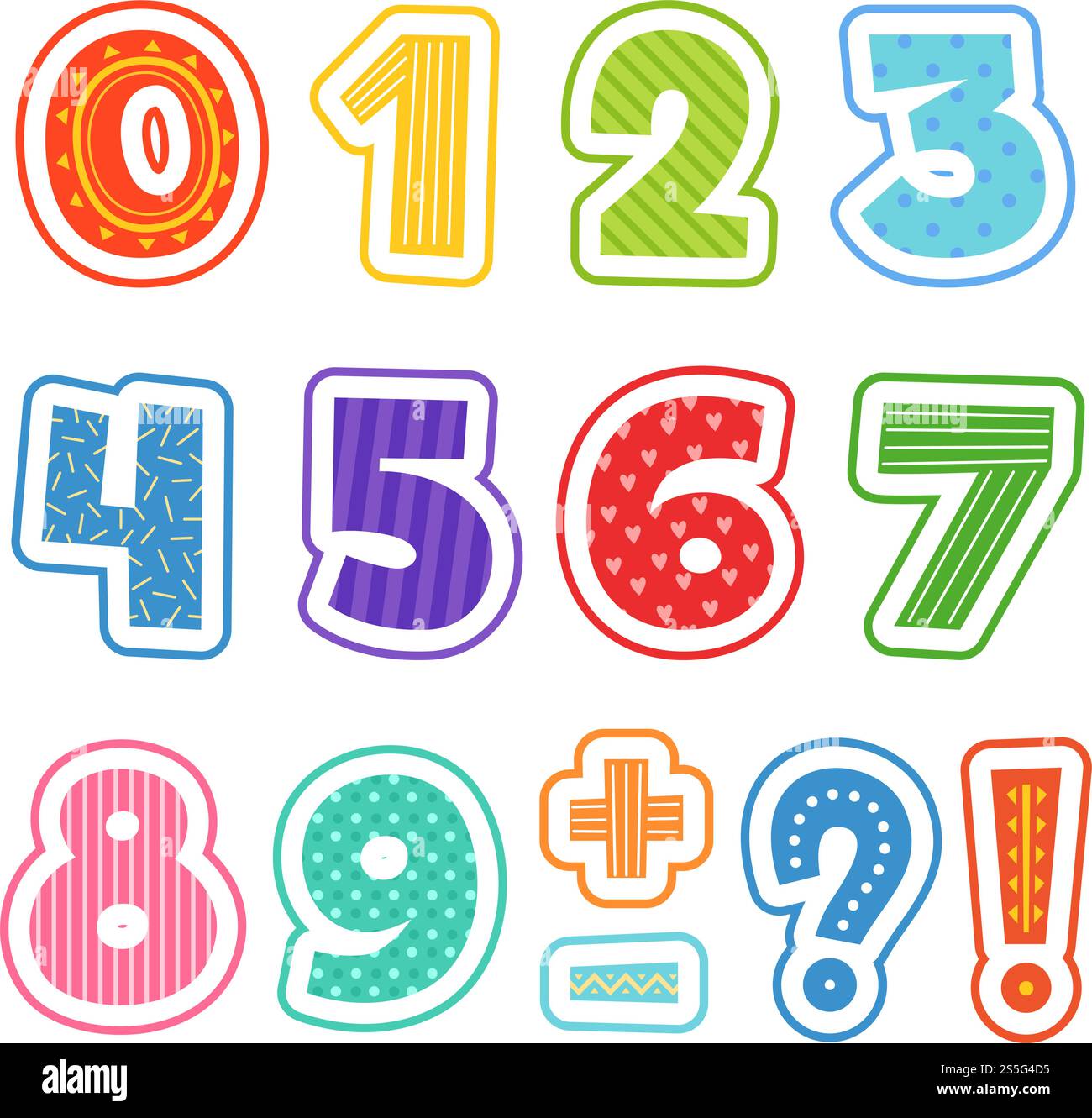 Numeri dei cartoni animati. Alfabeto colorato divertente per bambini scolastici testo vettoriale illustrazioni clipart isolate. Numeri colorati cifre matematiche, aritmetica numerica divertente. Numeri dei cartoni animati. Alfabeto colorato divertente per bambini scolastici testo vettoriale illustrazioni clipart isolate Illustrazione Vettoriale