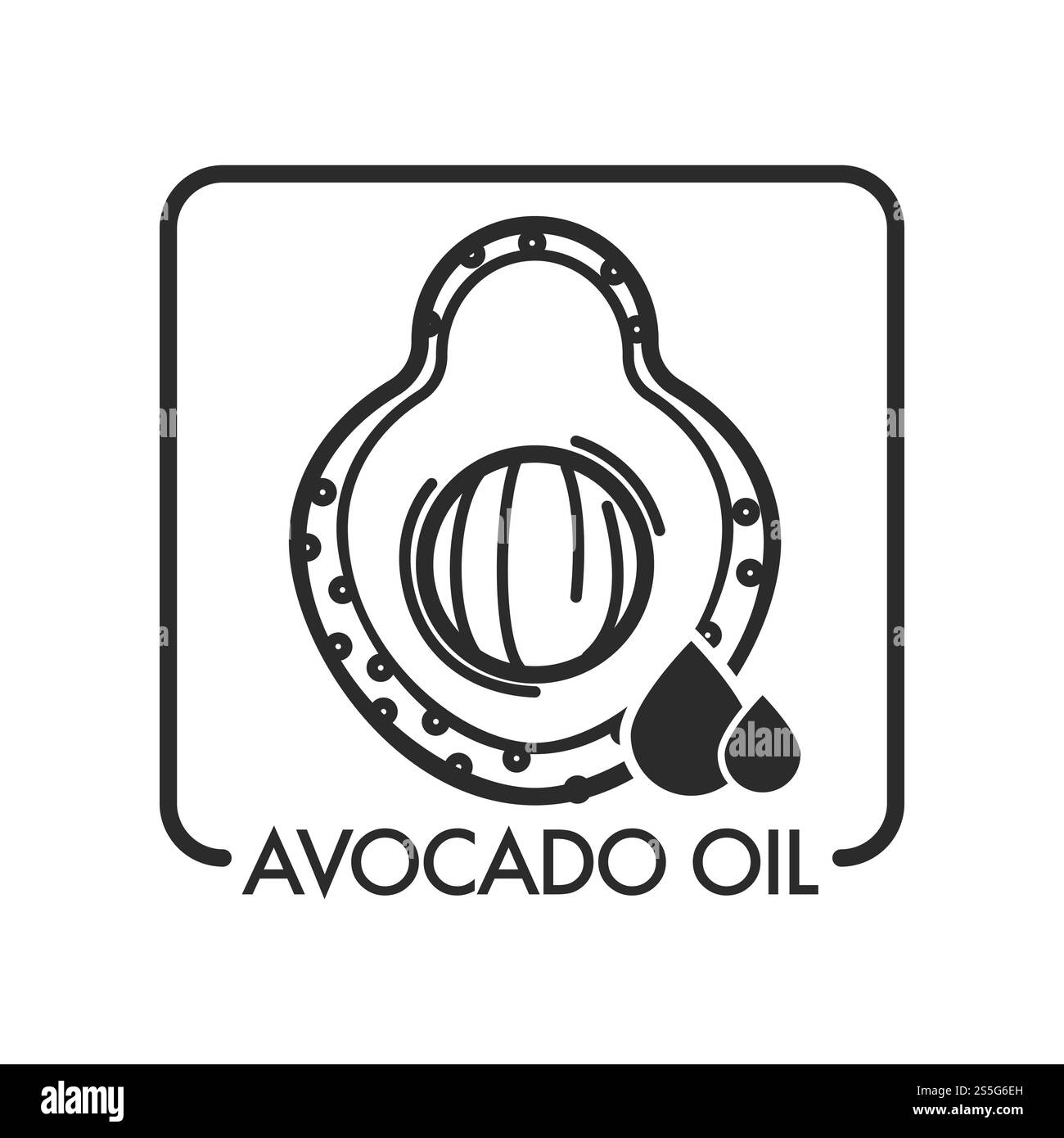 Olio di avocado, frutta con semi utile per la salute e vettore della pelle. Contorno monocromatico dello schizzo, icona isolata, ingrediente di bellezza ed elemento idratante organico. Prodotto aromatico utilizzato nei cosmetici. Olio di avocado, frutta con semi utili per la salute Illustrazione Vettoriale