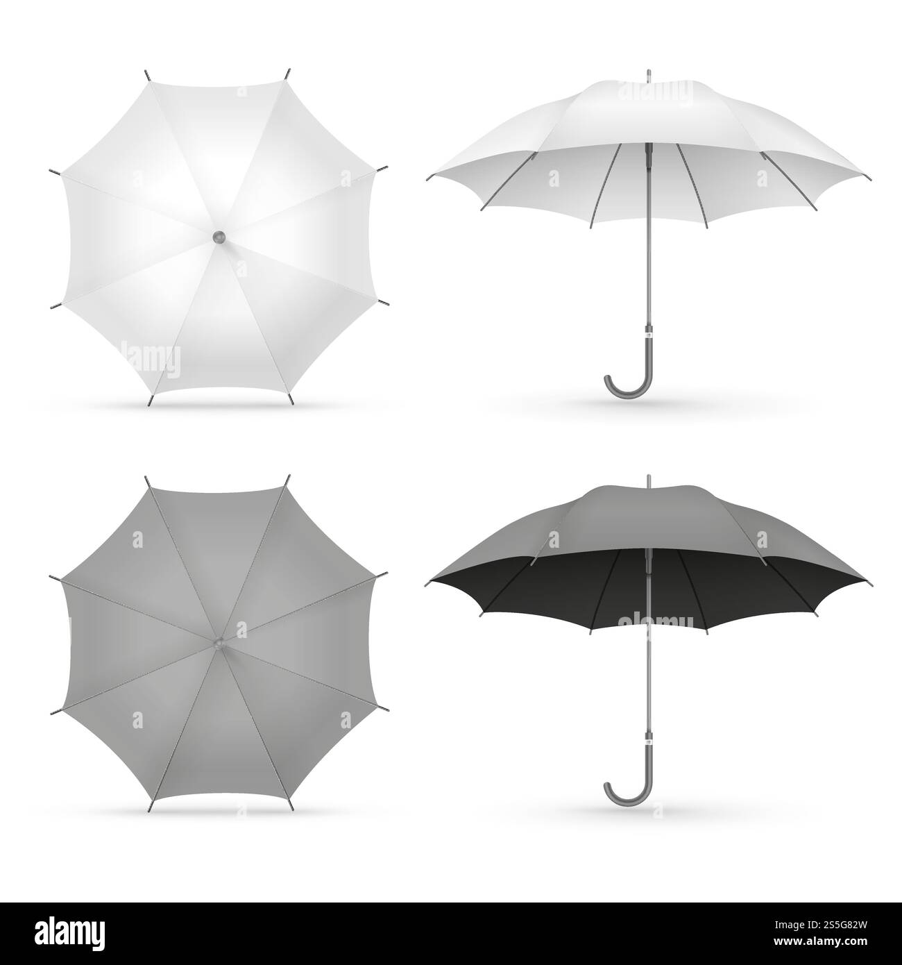 Ombrelli realistici bianchi e neri isolati su sfondo bianco. Illustrazione della protezione degli ombrelli, accessorio realistico per l'acqua di sicurezza. Ombrelli realistici bianchi e neri isolati su sfondo bianco Illustrazione Vettoriale