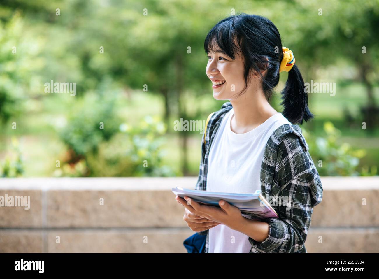 Le studentesse stanno sulle scale e tengono i libri. Foto Stock