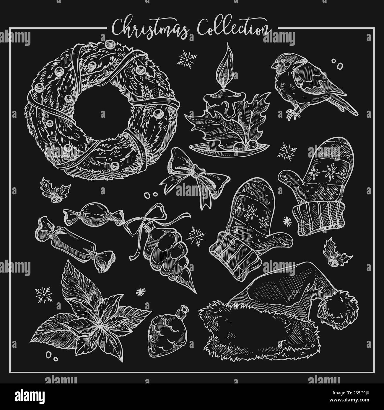 Collezione natalizia di elementi tradizionali simbolici contorno monocromatico vettoriale. Corone ornate con candela, uccellino e cappello di Santas, dolci caramelle e guanciali di lana caldi. Collezione natalizia di elementi tradizionali simbolici contorno monocromatico vettoriale. Illustrazione Vettoriale