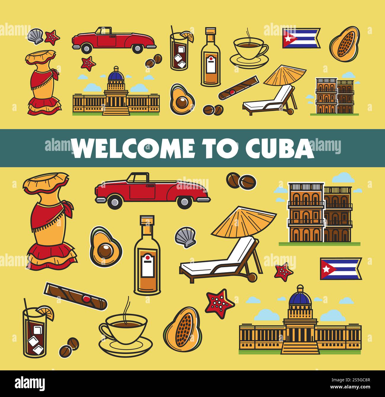 Banner promozionale cultura cubana con set di simboli nazionali. Cabriolet retrò, abito femminile, frutta esotica, caffè naturale, sigaro forte, sedia reclinabile sotto l'ombrello e illustrazioni vettoriali dei cartoni animati dell'edificio vecchio. Banner promozionale cultura cubana con set di simboli nazionali. Illustrazione Vettoriale