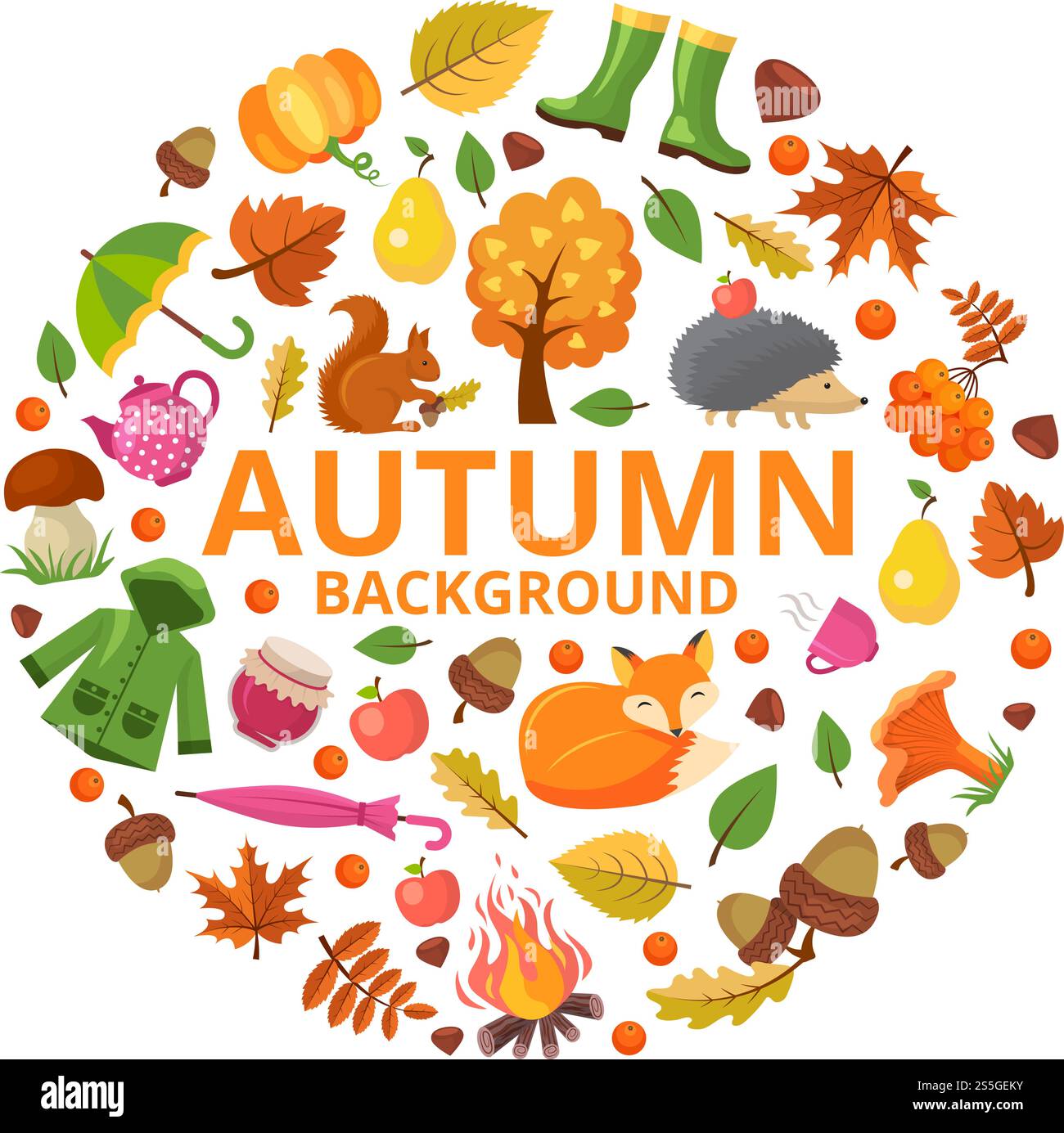 Collezione autunno. Animali rami autunnali e foglie arancioni gialle simboli di decorazioni floreali a forma rotonda vettoriale autunnale. Stagione autunnale, ricci e volpe, falò e illustrazione di ghiande. Collezione autunno. Animali rami autunnali e foglie arancioni gialle simboli di decorazioni floreali a forma rotonda vettoriale autunnale Illustrazione Vettoriale