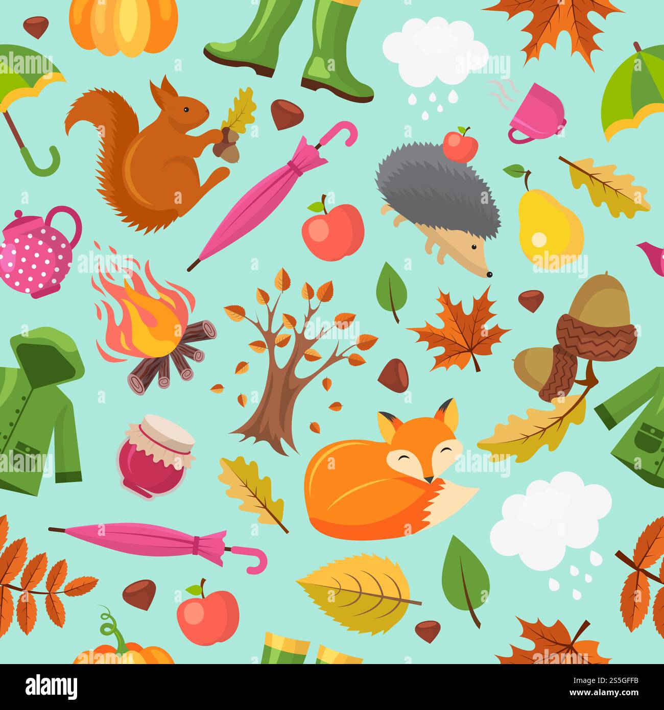 Modello di animali autunnali. Autunno foresta grazioso riccio di volpe e scoiattolo arancione in foglie gialle vettoriali autunno sfondo senza cuciture. Sfondo autunnale, scoiattolo e bosco, illustrazione con motivo senza cuciture. Modello di animali autunnali. Autunno foresta grazioso riccio di volpe e scoiattolo arancione in foglie gialle vettoriali autunno sfondo senza cuciture Illustrazione Vettoriale