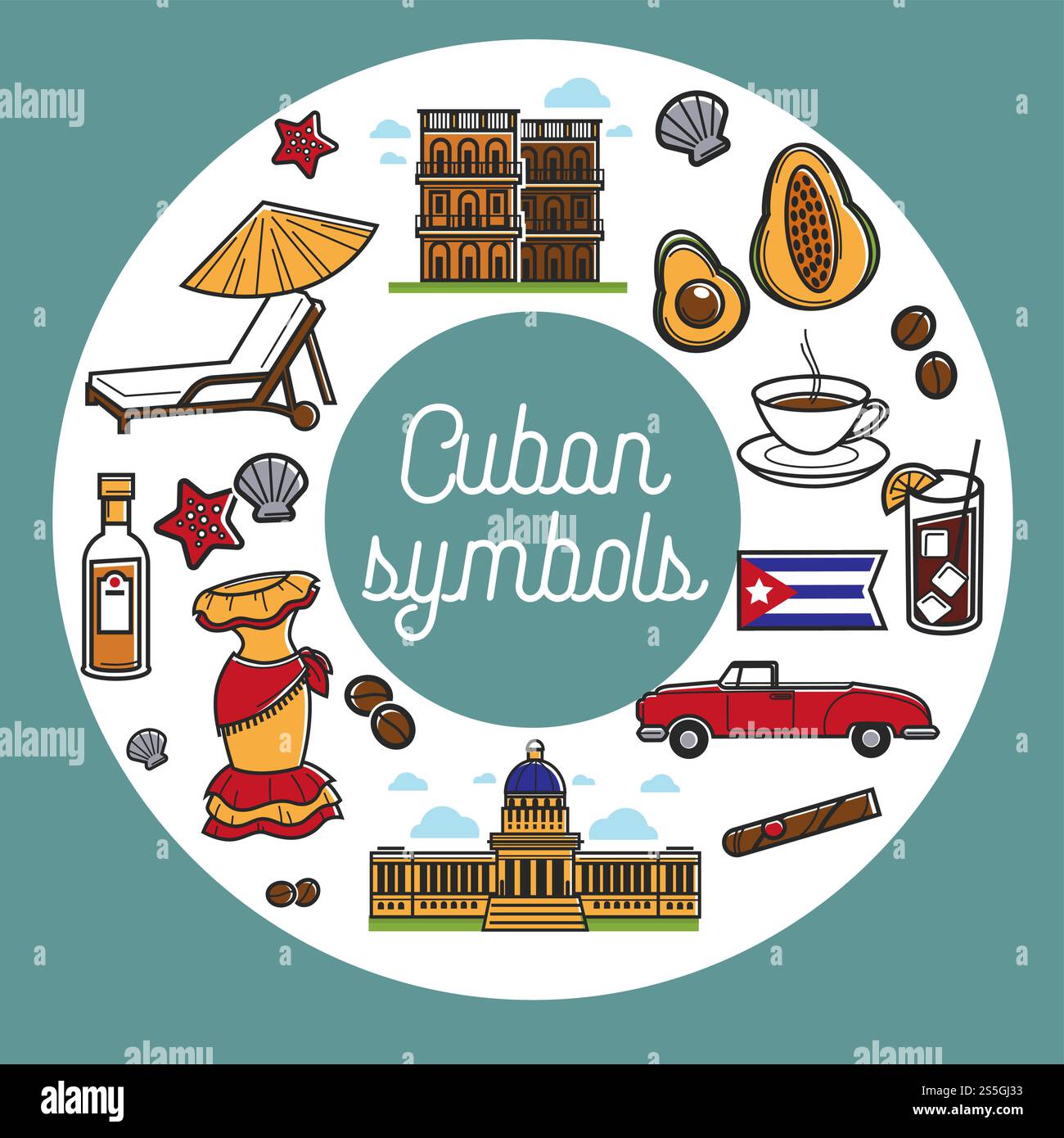 Poster promozionale viaggio a Cuba con simboli nazionali. Simboli architettonici, cabriolet rosso, caffè profumato, famoso rum, sigaro naturale, abito femminile, frutta esotica e illustrazioni vettoriali con poltrone reclinabili. Poster promozionale viaggio a Cuba con simboli nazionali. Illustrazione Vettoriale