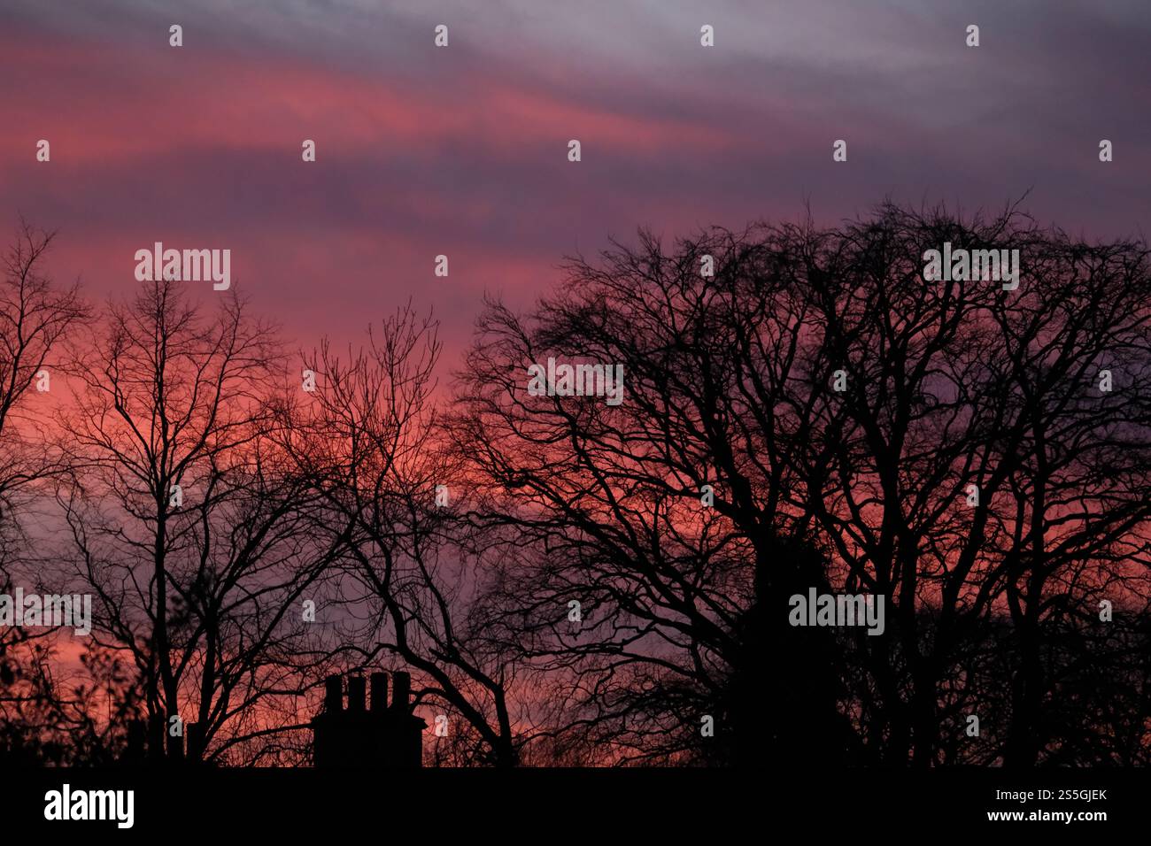 Selkirk, Regno Unito. 14 gennaio 2025. Meteo nel Regno Unito, cieli rossi su Selkirk nei confini scozzesi, martedì 14 gennaio 2025, dopo una giornata di inverni miti con cieli limpidi, il cielo diventa rosso quando il sole tramonta. Quando la polvere e le piccole particelle rimangono intrappolate nell'atmosfera a causa dell'alta pressione, appare un cielo rosso. Questo diffonde luce blu lasciando solo luce rossa per dare al cielo il suo aspetto notevole. Un cielo rosso al tramonto significa che l'alta pressione si sta muovendo da ovest, quindi il giorno successivo sarà di solito asciutto e piacevole. ( Crediti: Rob Gray/Alamy Live News Foto Stock