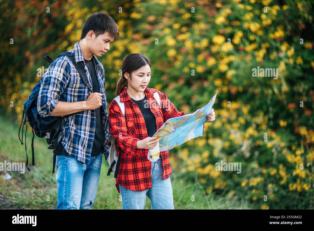 I turisti uomini e donne guardano la mappa vicino ai giardini fioriti. Foto Stock