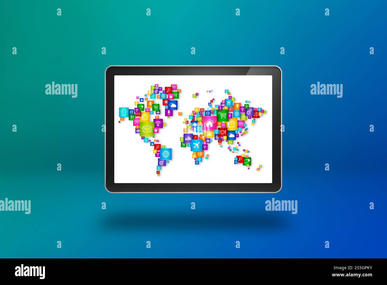 Mappa mondiale composta da icone sullo schermo di un tablet PC. Concetto di comunicazione globale isolato su sfondo blu. Illustrazione 3D. Mappa del mondo fatta di icone su Foto Stock