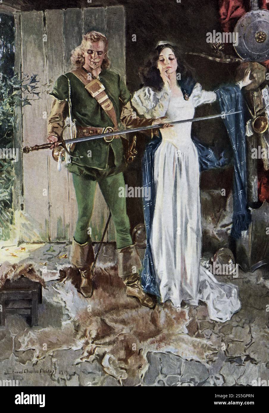 Questa illustrazione tratta da un'edizione del 1910 di The Lady of the Lake di Sir Walter Scott mostra Ellen e James. The Lady of the Lake di Sir Walter Scott fu pubblicato da Richard Scott di New York nel 1813. Il poema a sei canti racconta la storia della lotta di re Giacomo V contro James Douglas, e l'affetto di tre pretendenti verso la figlia di James Douglas, Ellen. La narrazione si svolge nell'arco di sei giorni nella regione scozzese di Trossachs, principalmente Ellen's Isle nel Loch Katrine. Alla fine si scopre che uno dei pretendenti è in realtà James V, e James Douglas è perdonato a causa dell'affetto del re Foto Stock