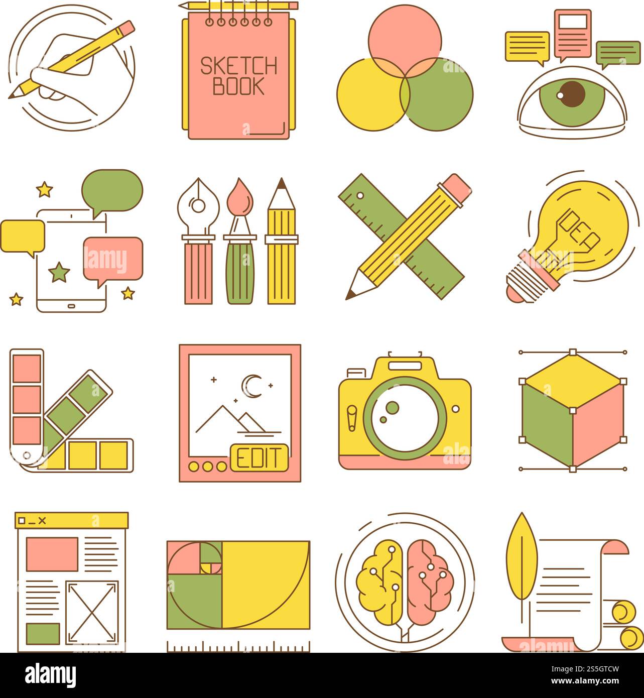 Icone del processo di progettazione. Imballaggio di arte prodotti e servizi web creativi blogging retouch immagini fisse vettoriali piatte. Strumenti stazionari, modellazione ed editor, illustrazione di penne e righello. Icone del processo di progettazione. Imballaggio di arte prodotti e servizi web creativi blogging retouch immagini fisse vettoriali piatte Illustrazione Vettoriale