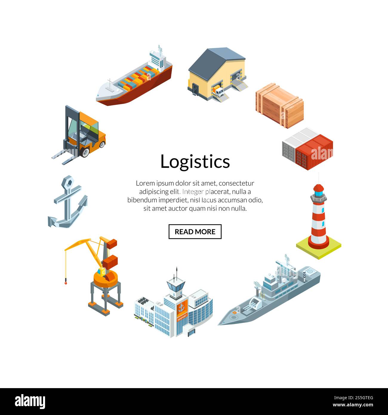Logistica marina isometrica vettoriale e porto marittimo a forma circolare con spazio per l'illustrazione testuale. Logistica marina isometrica vettoriale Illustrazione Vettoriale