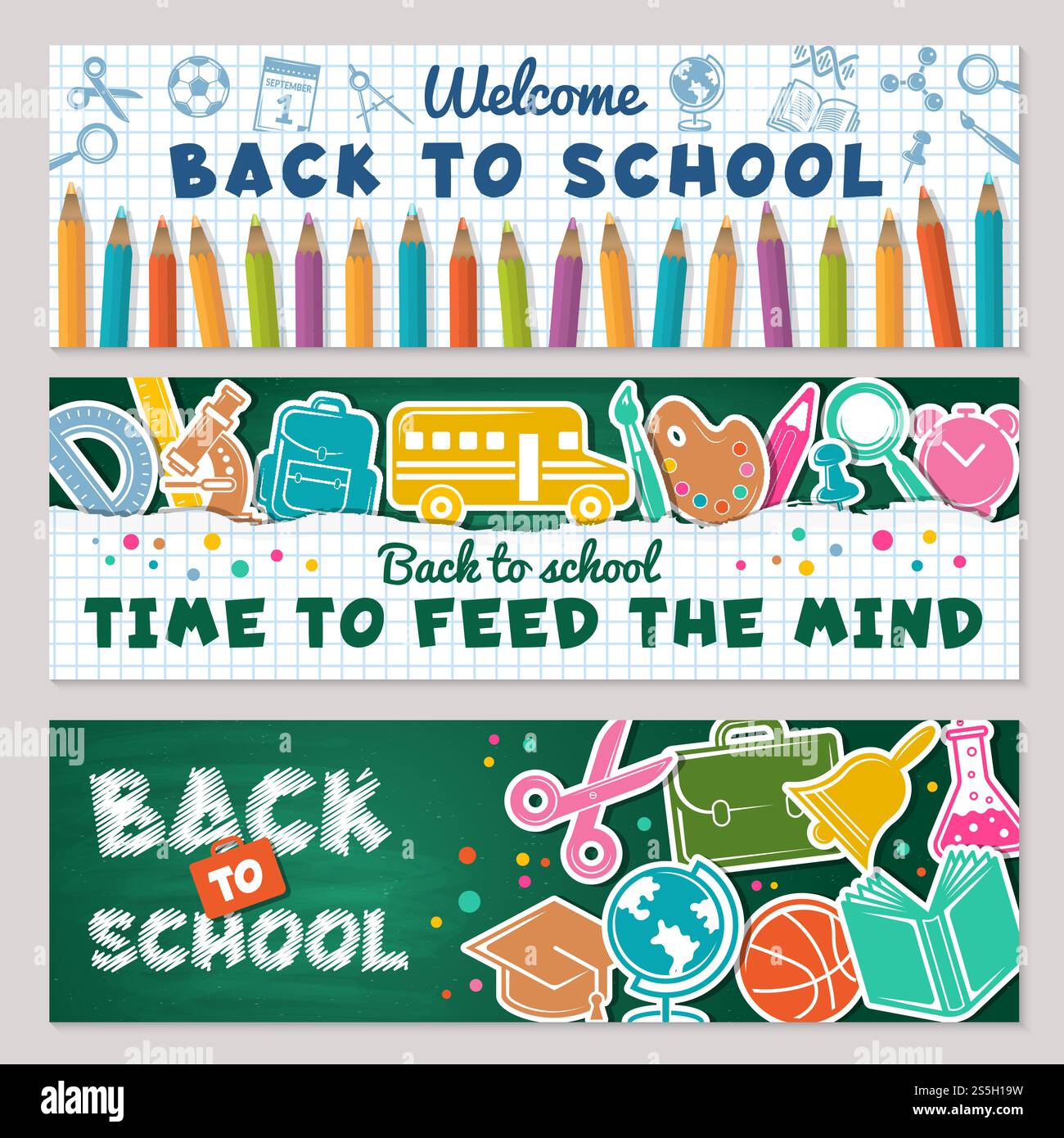 Striscioni scolastici. Illustrazioni vettoriali per i banner Back to School. Banner di benvenuto per la scuola, istruzione e forniture per lo studio. Striscioni scolastici. Illustrazioni vettoriali per i banner Back to School Illustrazione Vettoriale