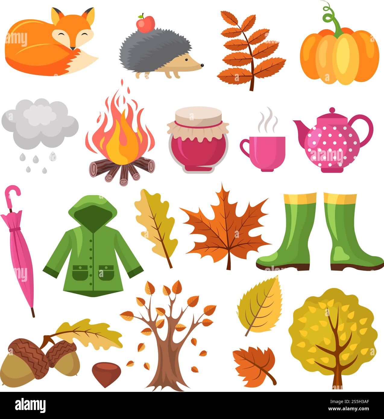 Set di icone autunno. Vari simboli dell'autunno. Illustrazione di zucca vettoriale e stivali, inceppamento e ricci. Set di icone autunno. Vari simboli dell'autunno Illustrazione Vettoriale