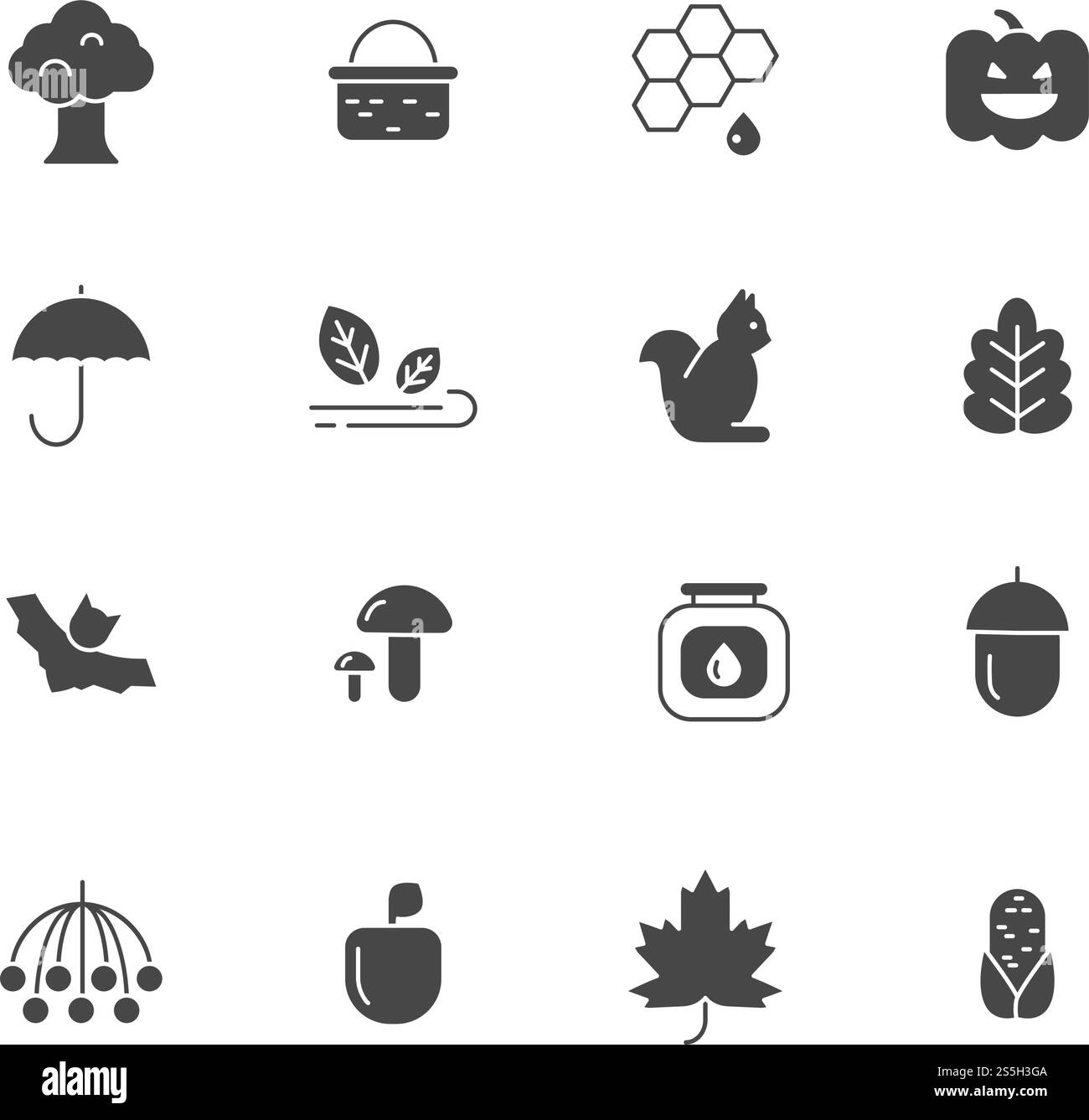 Simboli autunnali. Set di icone monocromatiche vettoriali dell'autunno. illustrazione di pianta e cesto, rowan e albero. Simboli autunnali. Set di icone monocromatiche vettoriali dell'autunno Illustrazione Vettoriale