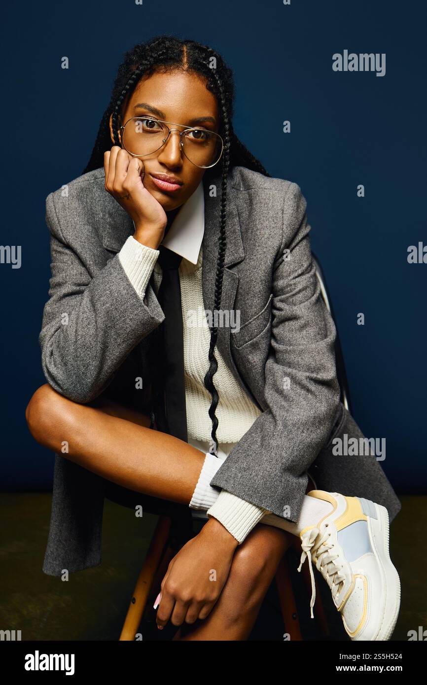 Una giovane donna con un blazer grigio e una cravatta riposa il mento, irradiando fiducia. Foto Stock