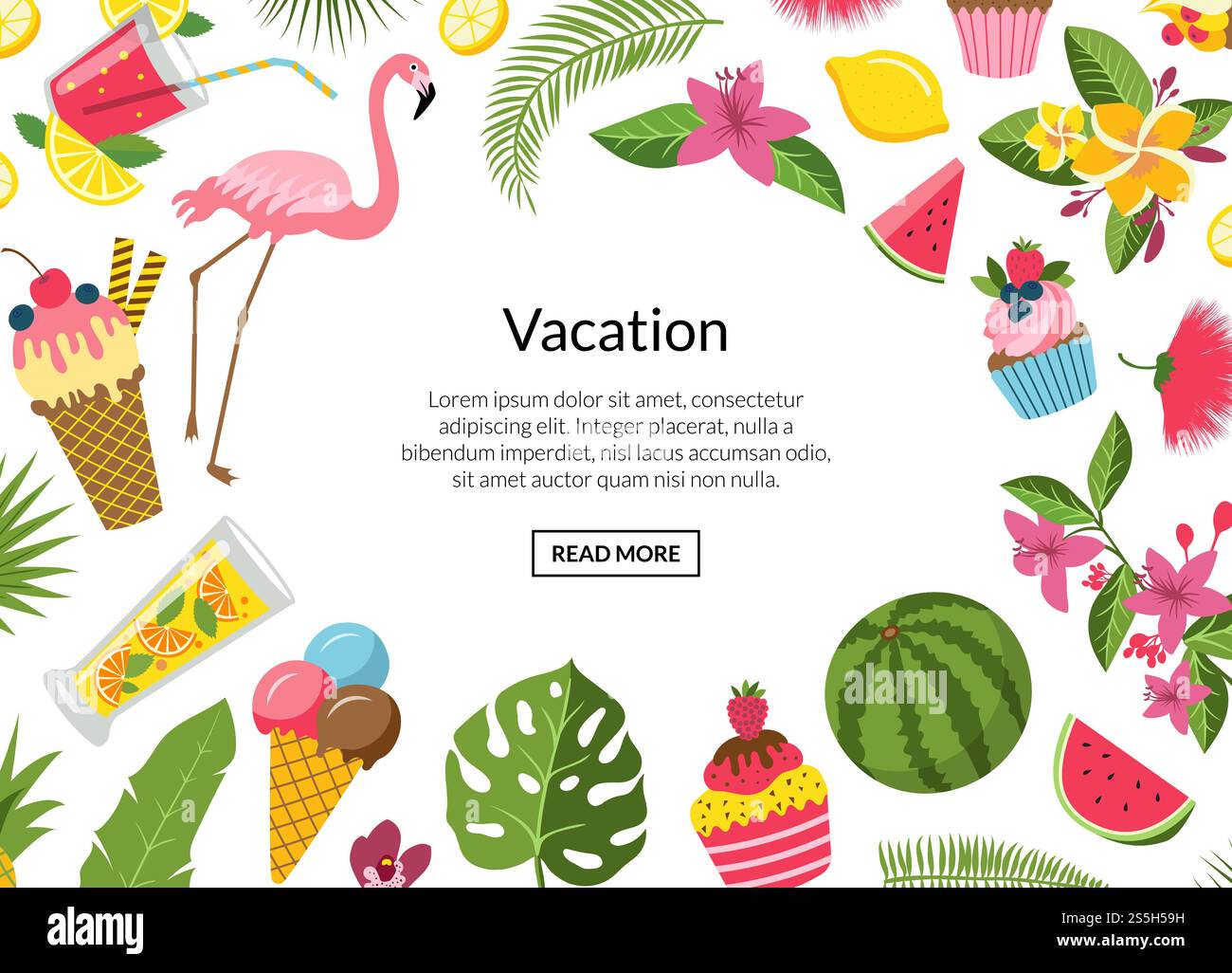 Vettoriale piatto elementi estivi carini, cocktail, fenicotteri, foglie di palma sullo sfondo con spazio per l'illustrazione del testo. Cocktail, fenicottero, foglie di palma, vettore di illustrazione dello sfondo Illustrazione Vettoriale