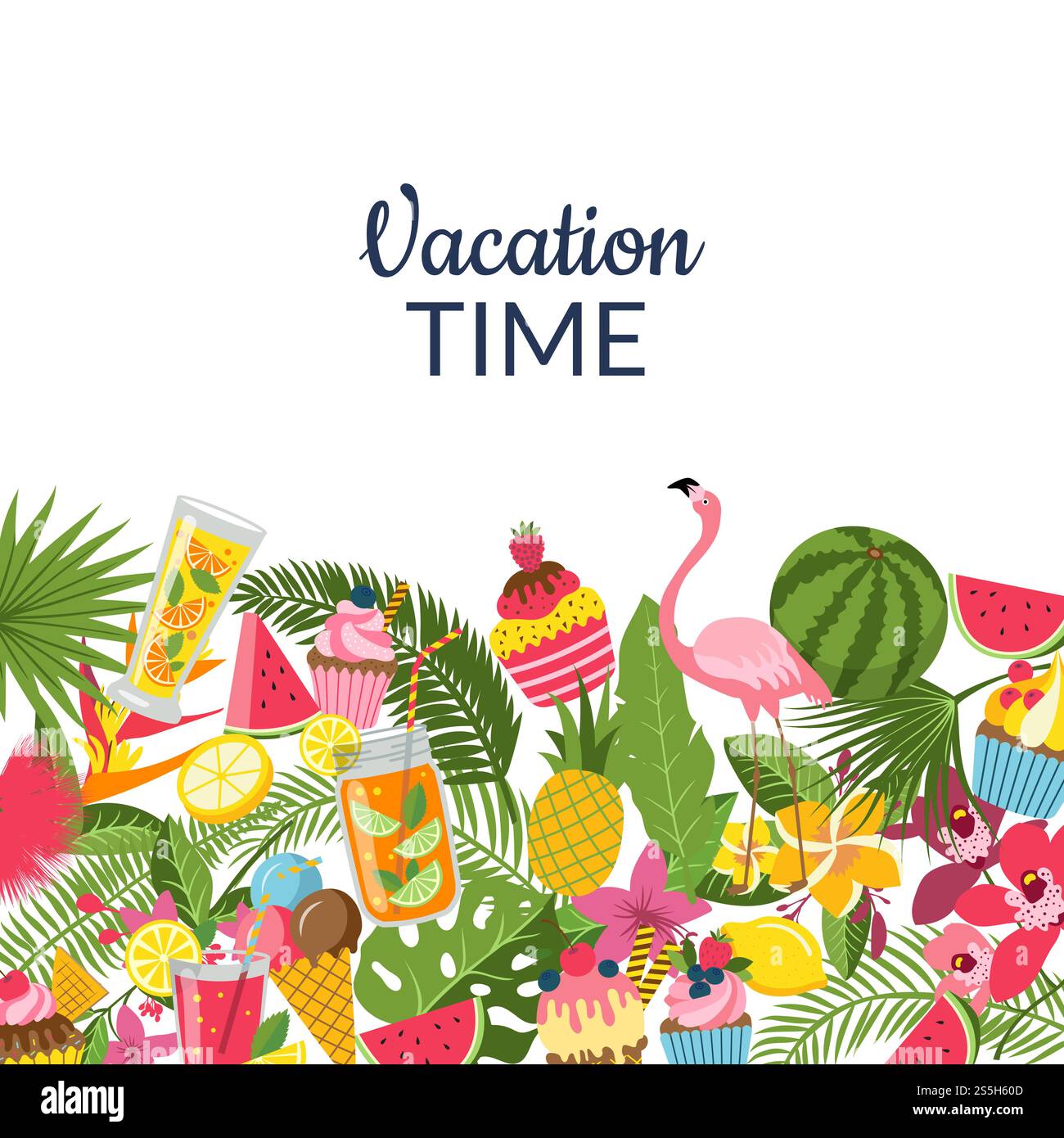 Vettoriale piatto elementi estivi carini, cocktail, fenicotteri, foglie di palma sullo sfondo con spazio per l'illustrazione del testo. Cocktail, fenicottero, foglie di palma, sfondo colorato Illustrazione Vettoriale