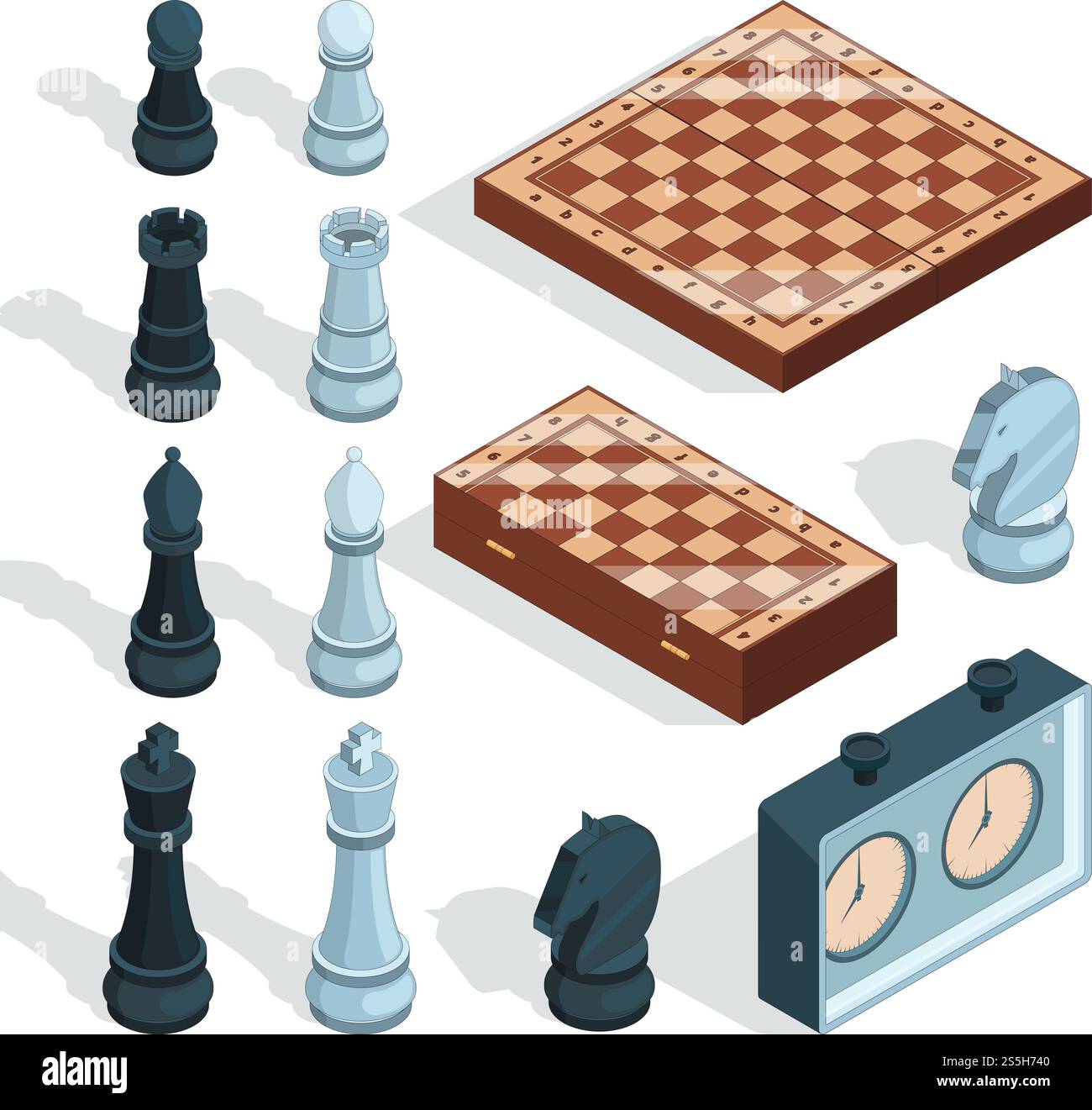 Gioco a scacchi. Tattico strategico intrattenimento scacchiera pezzi da rook alcazar cavalieri personaggi vettoriali isometrici. Cavaliere e vescovo, re degli scacchi e illustrazione da tavolo. Gioco a scacchi. Tattico strategico intrattenimento scacchiera pezzi da rook alcazar cavalieri personaggi vettoriali isometrici Illustrazione Vettoriale