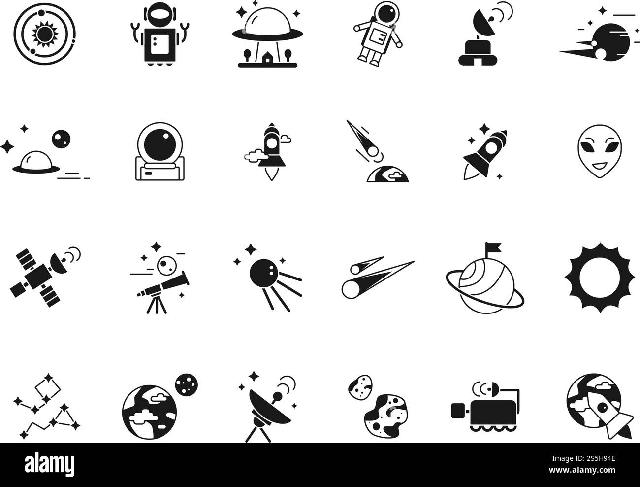Icone spaziali di Explorer. Telescopio astronauti navetta sulla luna e vari pianeti satelliti. Sagome vettoriali di immagini spaziali. Illustrazione del telescopio e della luna satellitare, dell'astronauta e della navetta. Icone spaziali di Explorer. Telescopio astronauti navetta sulla luna e vari pianeti satelliti. Sagome vettoriali di immagini spaziali Illustrazione Vettoriale