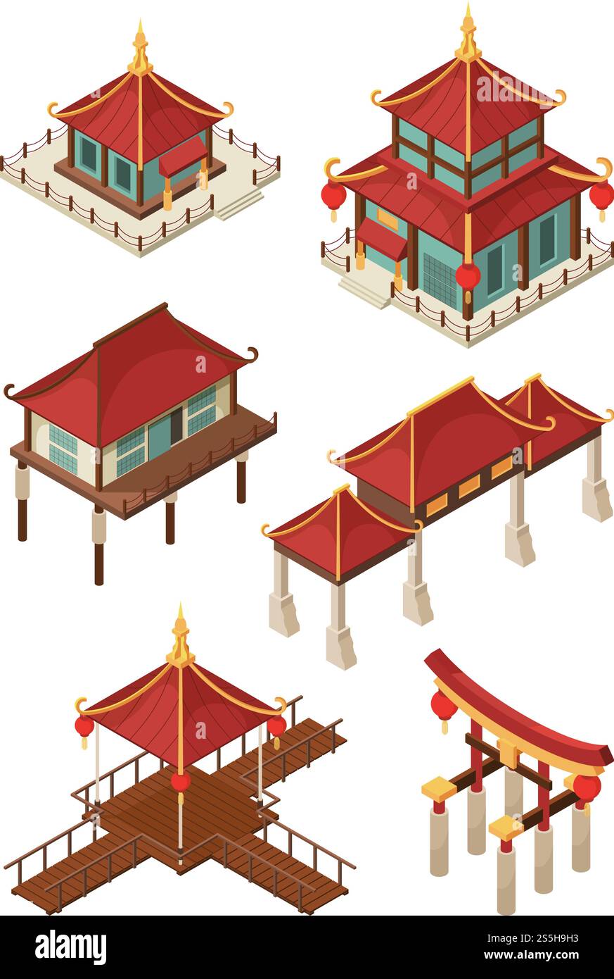 Architettura asiatica isometrica. il cinese tradizionale e il giappone ospitano edifici con illustrazioni 3d vettoriali. Edificio giapponese e cinese, architettura a pagoda, illustrazione di case e ponti. Architettura asiatica isometrica. il cinese tradizionale e il giappone ospitano edifici con illustrazioni 3d vettoriali Illustrazione Vettoriale