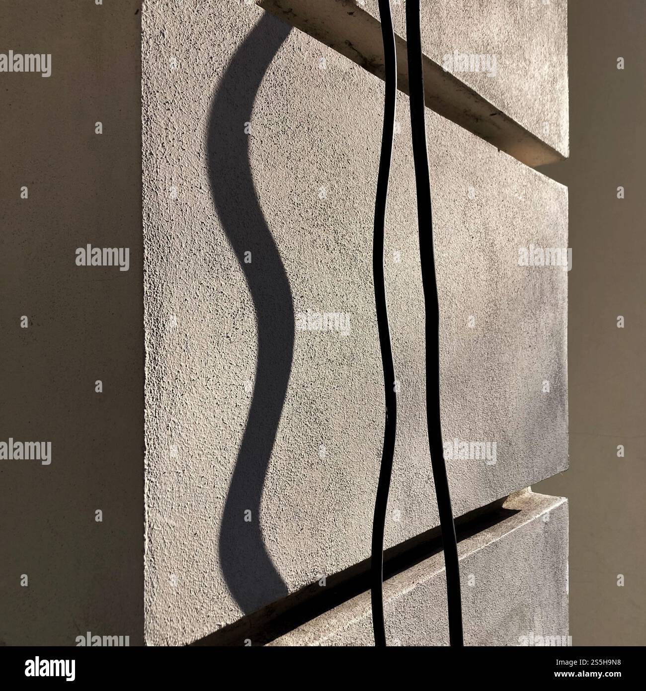 Una composizione concettuale e minimalista che mostra l'interazione di ombre e texture da un cavo contro una parete di cemento sotto la luce naturale Foto Stock