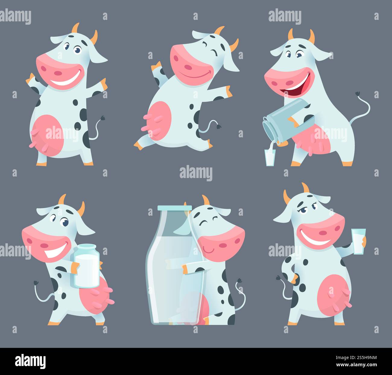 Cartoni animati mucca. Simpatico personaggio animale del latte di fattoria in varie pose d'azione divertente mascotte vettoriale. Illustrazione di un animale da allevamento con bottiglia di latte. Cartoni animati mucca. Simpatico personaggio animale del latte di fattoria in varie pose d'azione divertente mascotte vettoriale Illustrazione Vettoriale