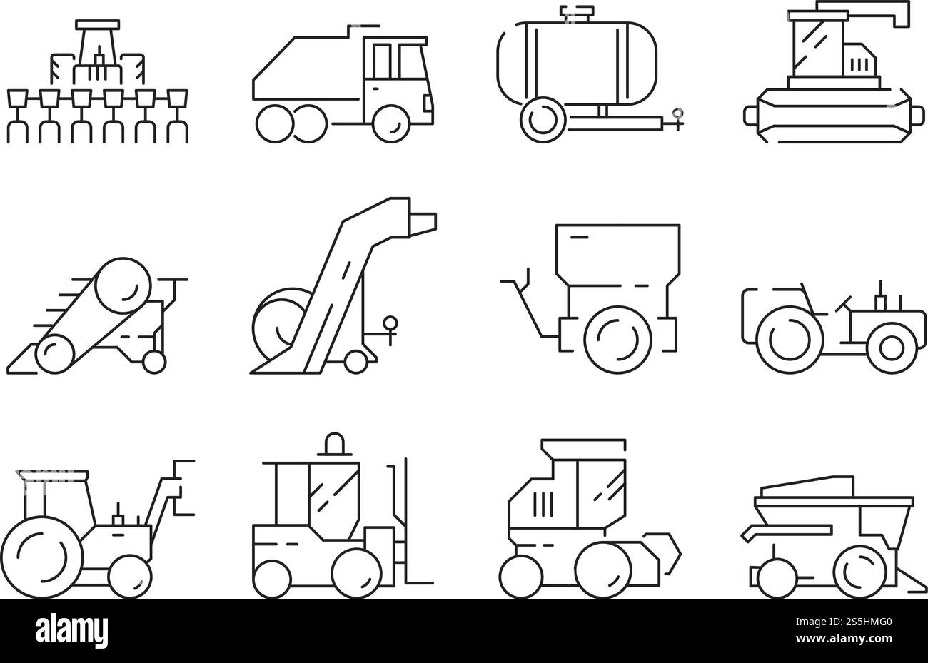 Veicoli agricoli. Buldozer per trebbiatrici trattori, macchine pesanti, edilizia, agricoltura, icone vettoriali. Illustrazione di bulldozer e camion da raccolta, macchina per la fienagione. Veicoli agricoli. Buldozer per trebbiatrici trattori, macchine pesanti, edilizia, agricoltura, icone vettoriali Illustrazione Vettoriale