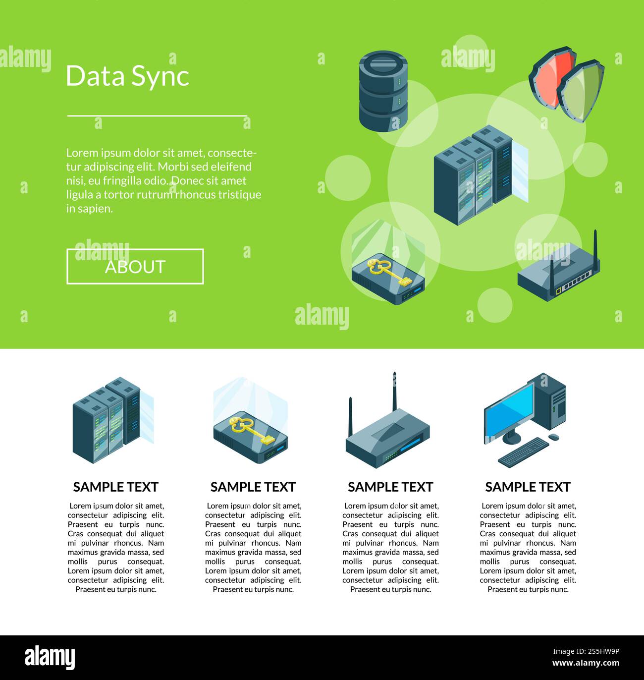 Illustrazione del modello di pagina di destinazione del sistema elettronico vettoriale delle icone del data center. Sistema elettronico vettoriale del data center. Brochure sulla conservazione dei dati Illustrazione Vettoriale