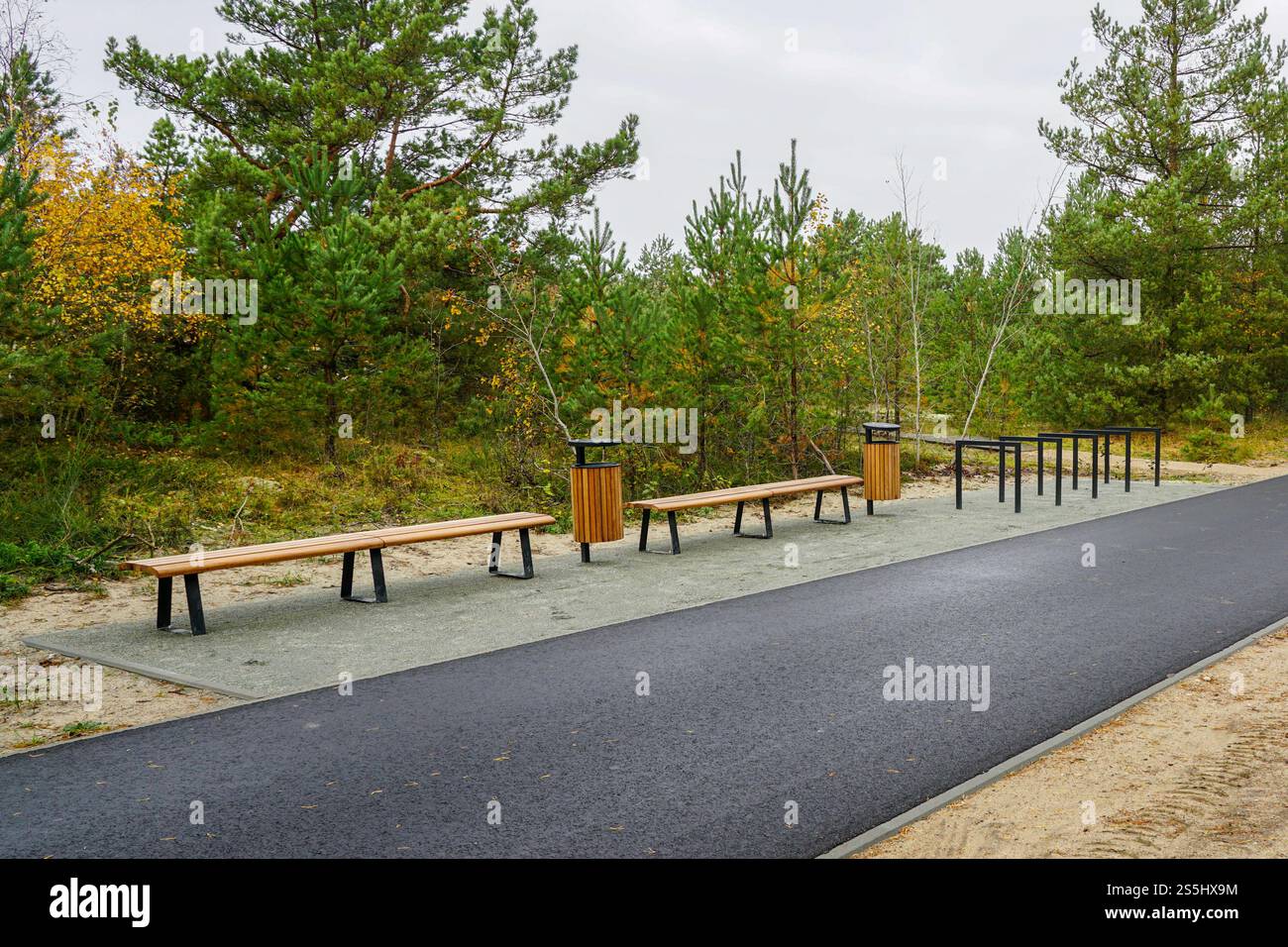 Sviluppo ecologico contemporaneo dell'ambiente marino, pista ciclabile, panche in legno, cestino, nuovo oggetto infrastrutturale, vista panoramica autunnale Foto Stock