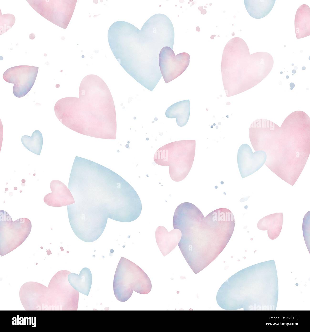 Il cuore dell'acquerello ha un motivo senza cuciture con spruzzi. Illustrazione delicata in colori pastello isolata su bianco. Clip art per sfondo, sfondo, greeti Foto Stock