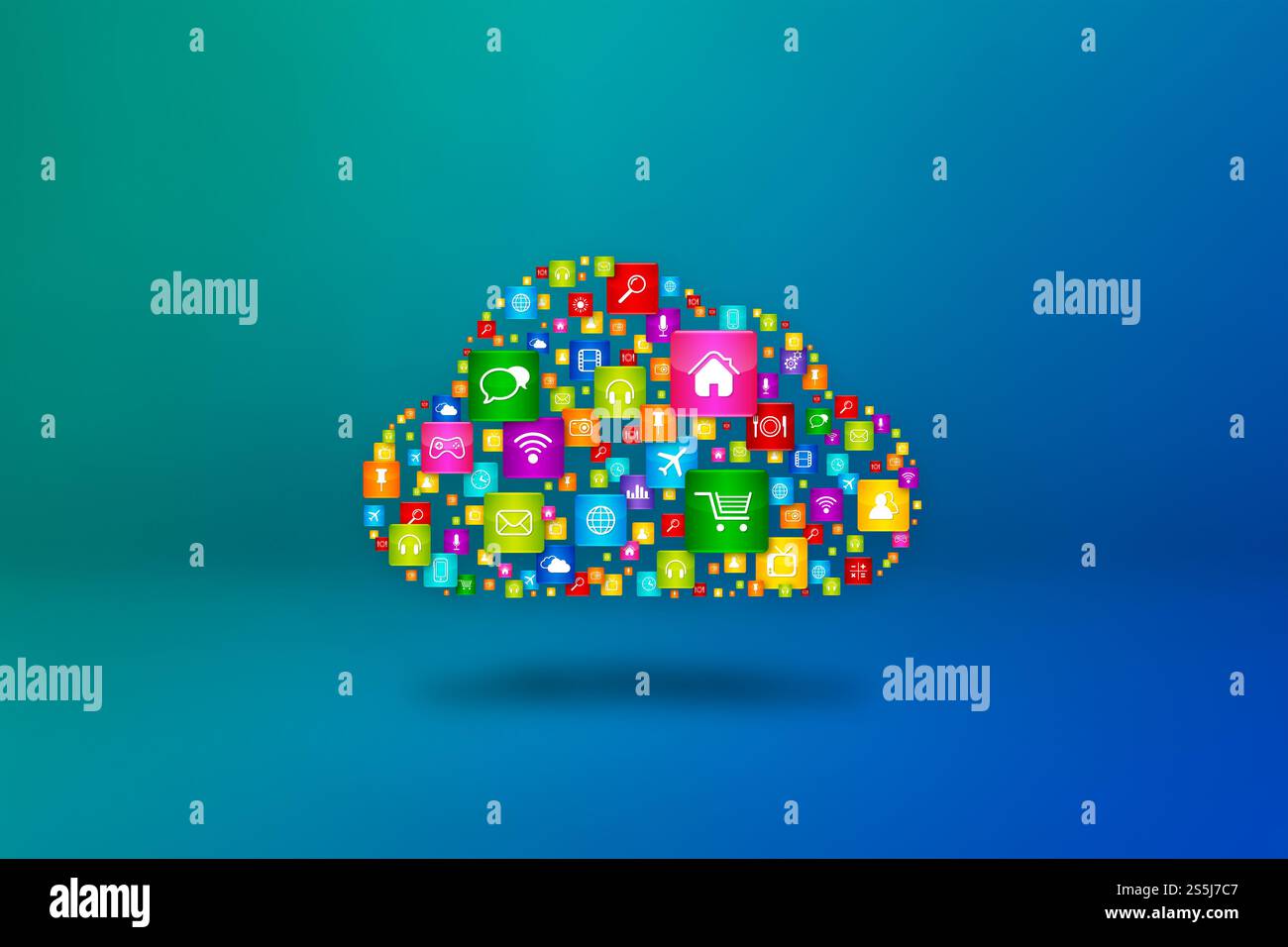 Simbolo del cloud computing costituito da icone di app. Isolato su sfondo blu. Illustrazione 3D. Simbolo del cloud computing su sfondo blu Foto Stock
