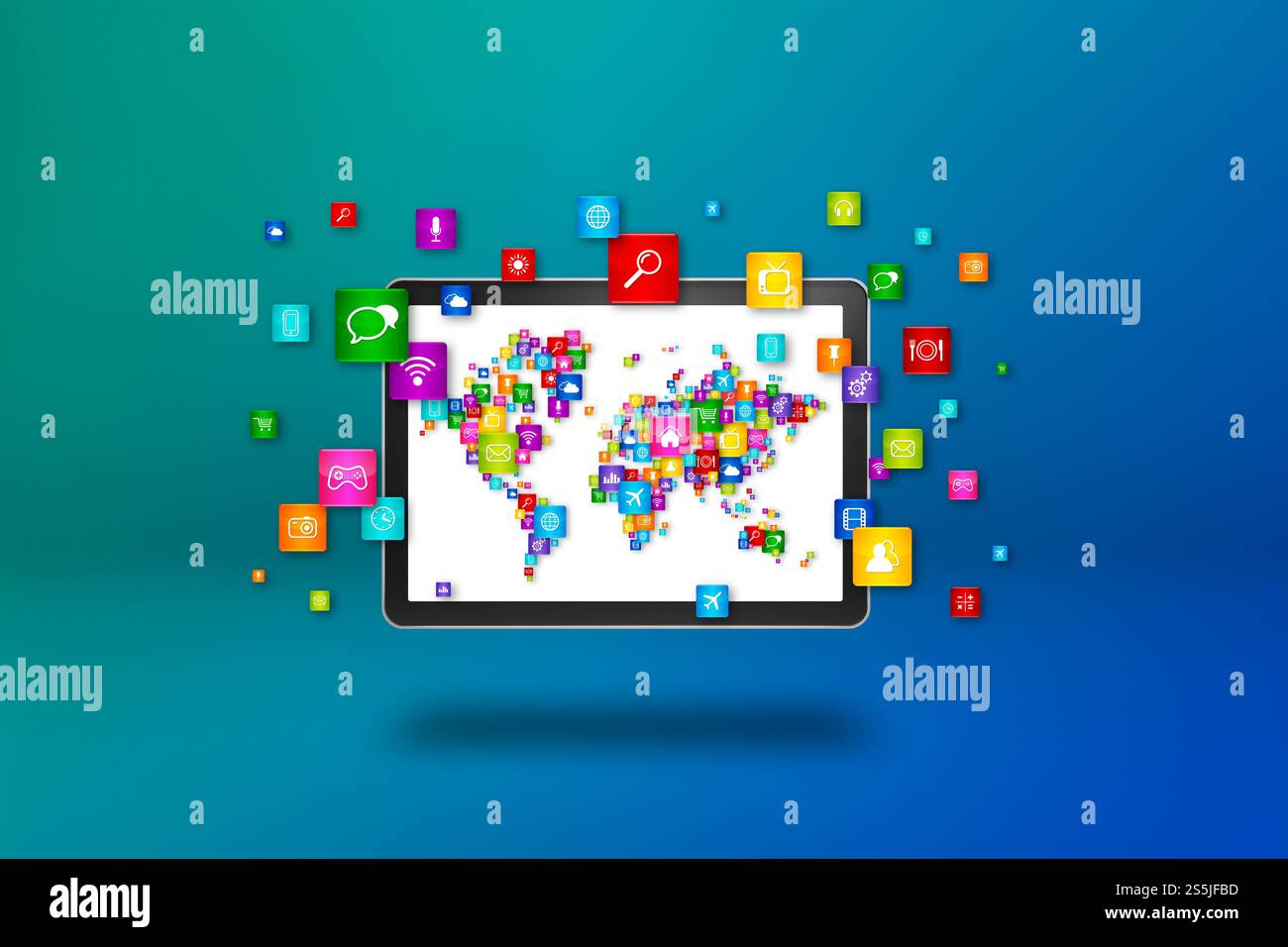 Mappa mondiale composta da icone sullo schermo di un tablet PC. Concetto di comunicazione globale isolato su sfondo blu. Illustrazione 3D. Mappa del mondo fatta di icone su Foto Stock