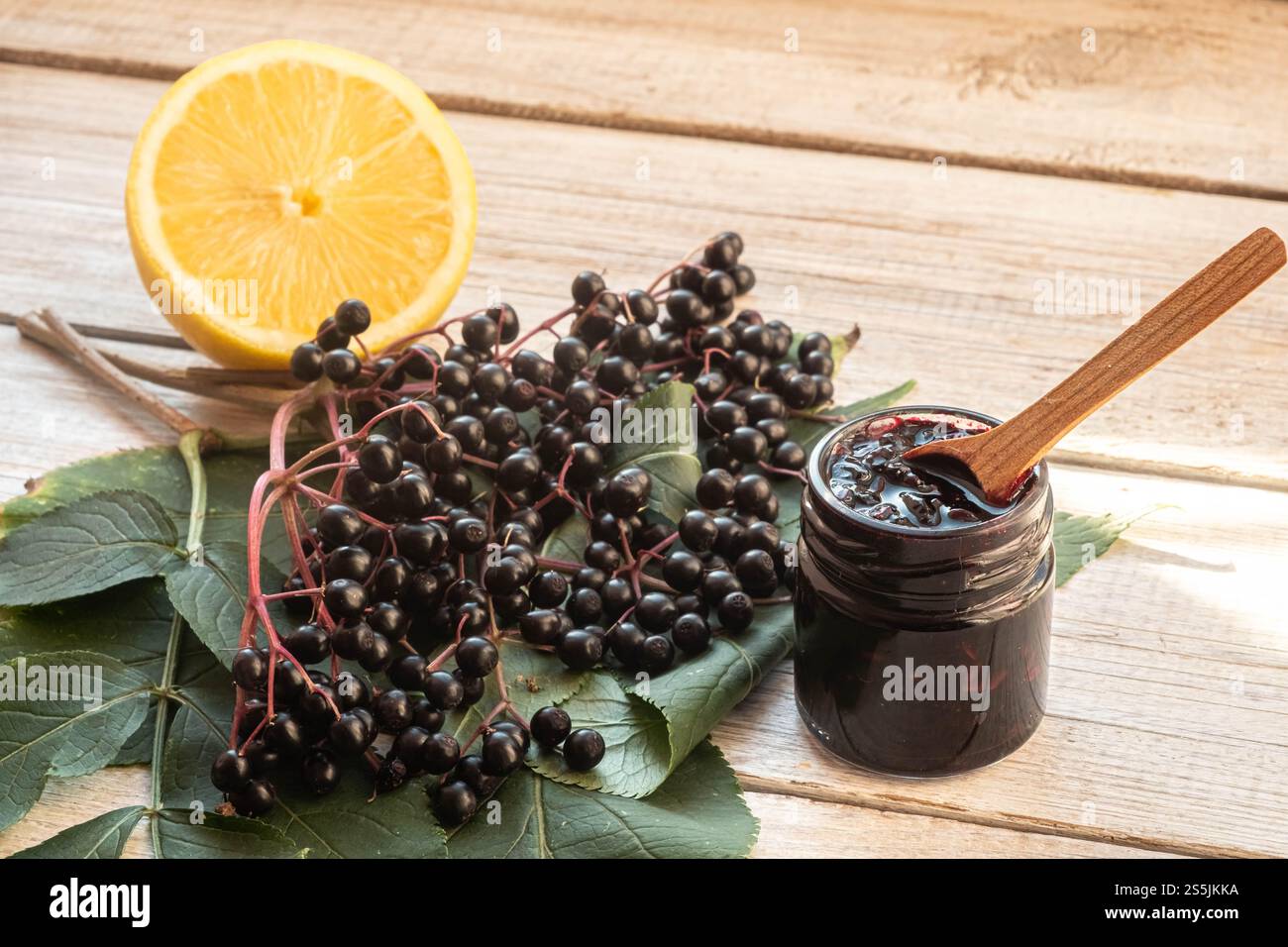barattolo di marmellata di sambuco selvatico, frutti di bosco e foglie fresche e limone. concetto di piante medicinali. Foto Stock