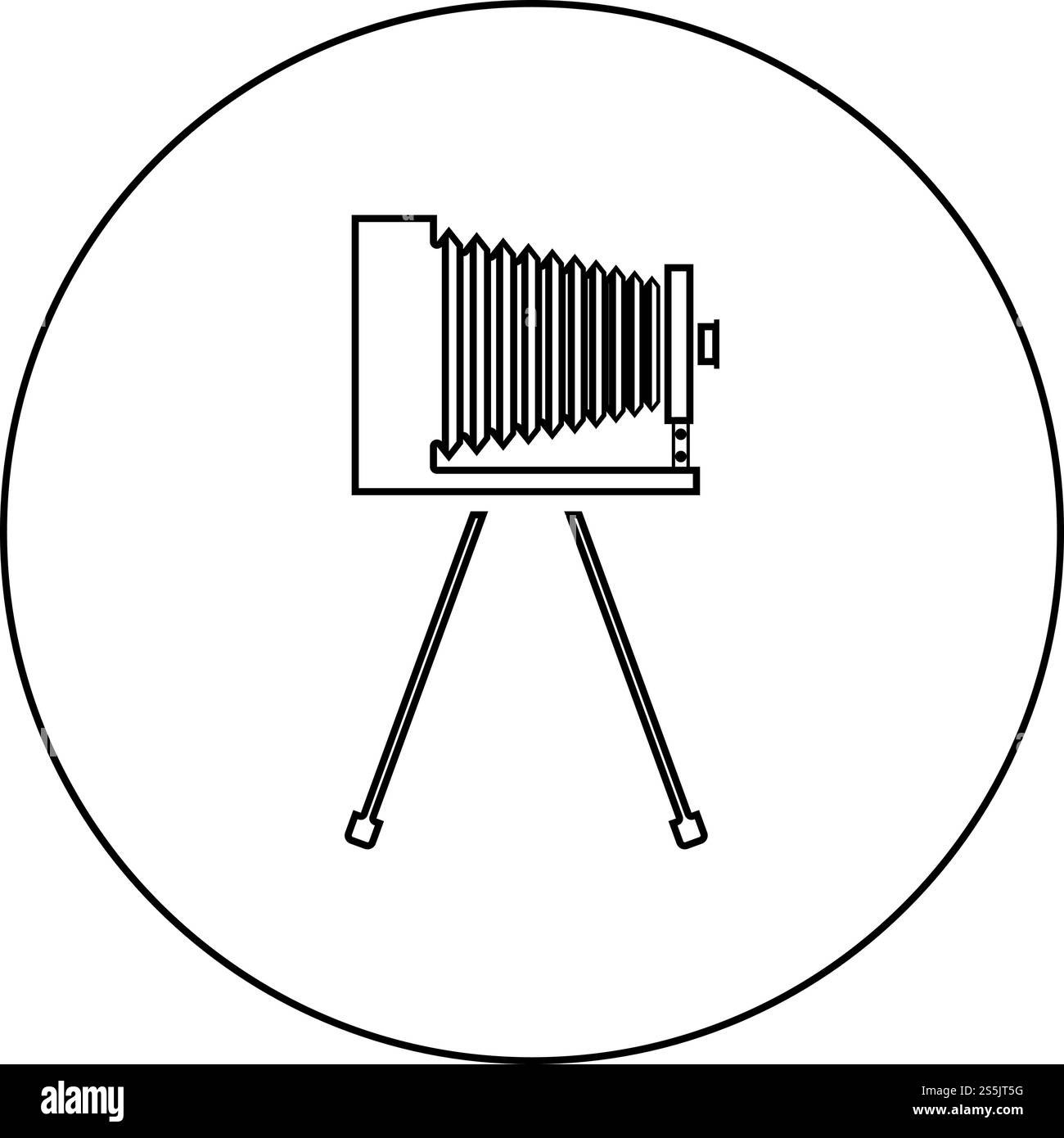 Fotocamera rétro su treppiede fotocamera a pellicola analogica d'epoca vecchia icona della fotocamera con contorno circolare, colore nero, illustrazione vettoriale, stile piatto immagine semplice. Fotocamera rétro su treppiede fotocamera a pellicola analogica d'epoca vecchia icona della fotocamera con contorno circolare, colore nero, illustrazione vettoriale, immagine piatta Illustrazione Vettoriale