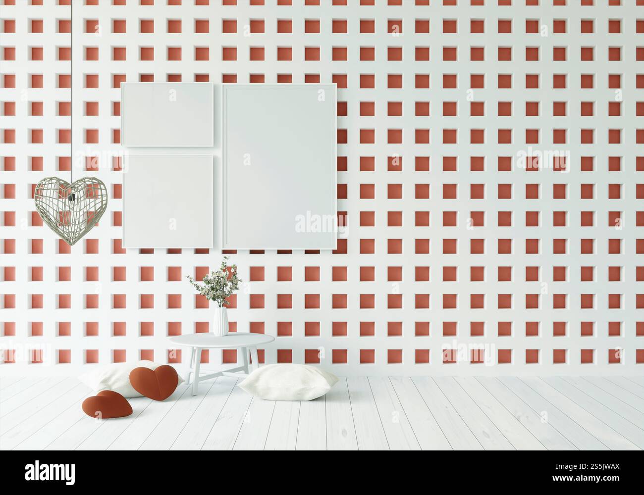 Mock-up di una cornice per poster in interni moderni in salotto, isolata su sfondo chiaro, rendering 3D, illustrazione 3D. Foto Stock