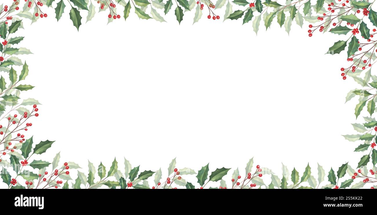 Cornice disegnata a mano con agrifoglio e bacche rosse. Foto Stock