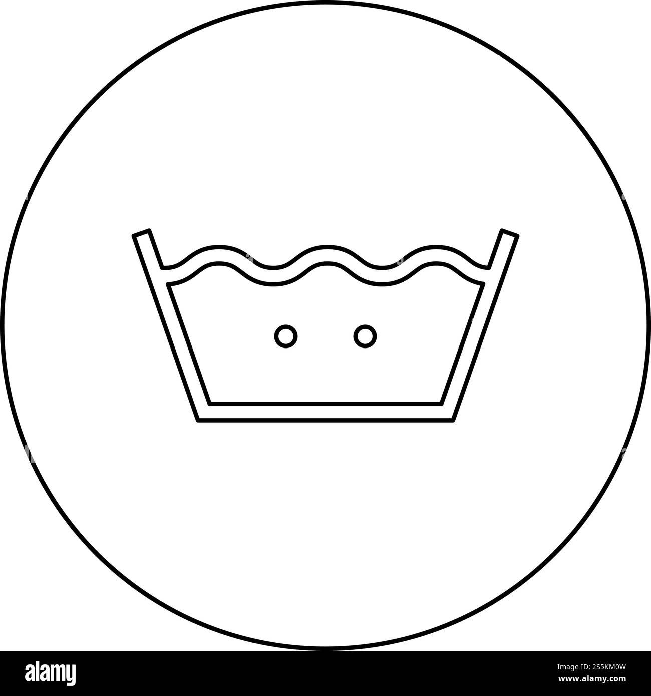 Lavare in acqua calda, vestiti, simboli per la cura concetto di lavaggio, icona del cartello lavanderia con un contorno circolare, illustrazione vettoriale di colore nero, immagine semplice. Lavare con acqua calda, abbigliamento, simboli per la cura concetto di lavaggio, icona del cartello lavanderia con un contorno circolare, illustrazione vettoriale di colore nero, immagine piatta Illustrazione Vettoriale