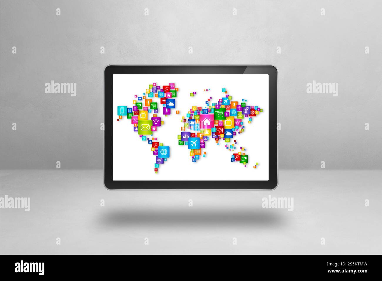 Mappa mondiale composta da icone sullo schermo di un tablet PC. Concetto di comunicazione globale isolato su sfondo bianco. Illustrazione 3D. Mappa del mondo fatta di icone su Foto Stock