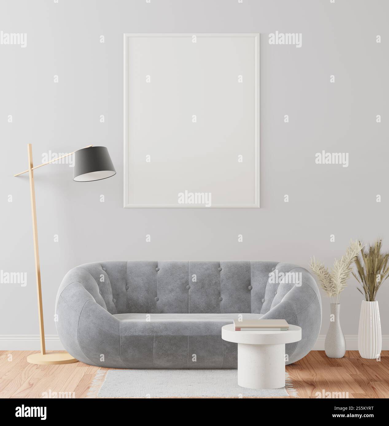 Illustrazione 3D interno con carrozza in tessuto e lampada alta, cornici per poster vuote appese su un divano nel soggiorno in stile scandinavo. 3d. Foto Stock