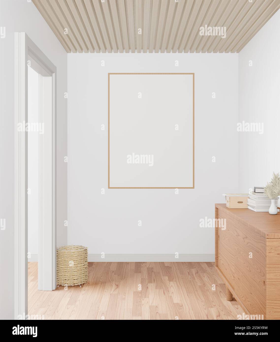 Cornice per poster in mockup 3D sulla parete in una sala polivalente, design moderno degli interni in stile minimale, decorato con armadi e cassetti in legno, 3D. Foto Stock