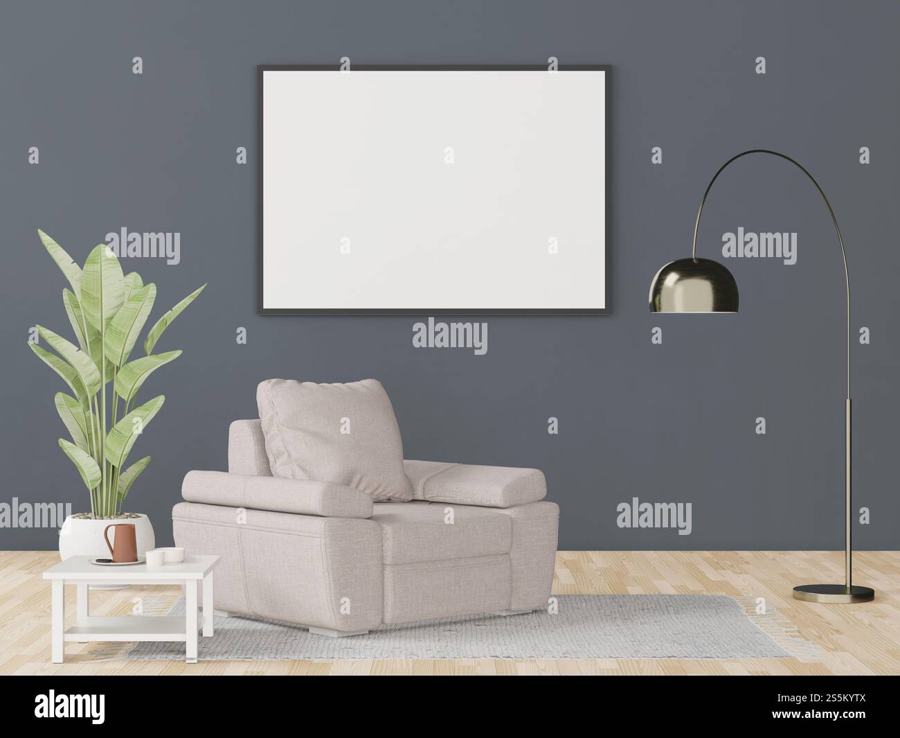 Illustrazione 3D interno con carrozza in tessuto e lampada alta, cornici per poster vuote appese su un divano nel soggiorno in stile scandinavo. 3d. Foto Stock