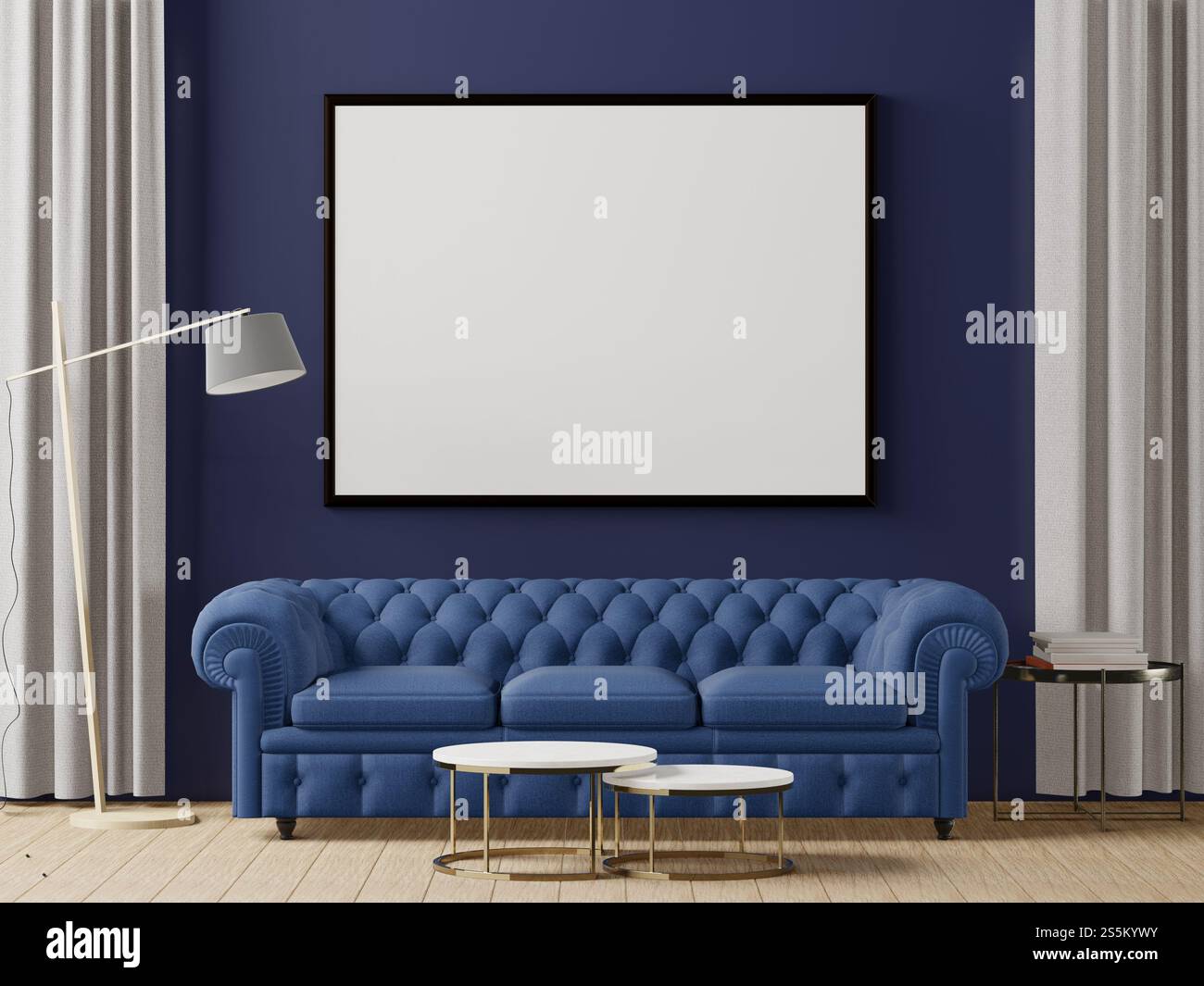 Illustrazione 3D interno con carrozza in tessuto e lampada alta, cornici per poster vuote appese su un divano nel soggiorno in stile scandinavo. 3d. Foto Stock