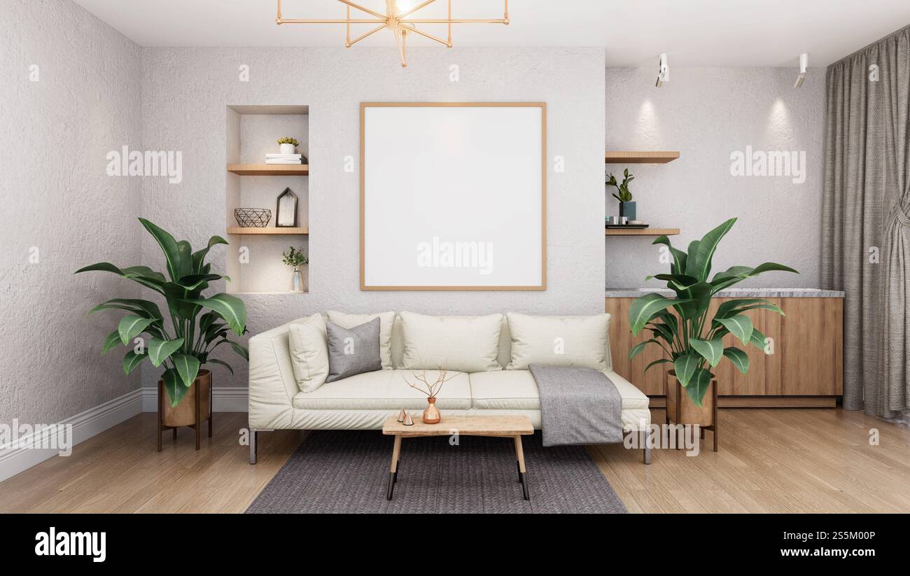 Illustrazione 3D, interni di design, soggiorno in stile scandinavo con mobili moderni e cornice fotografica mockup a parete con ripiano sopra il divano e il soffitto Foto Stock