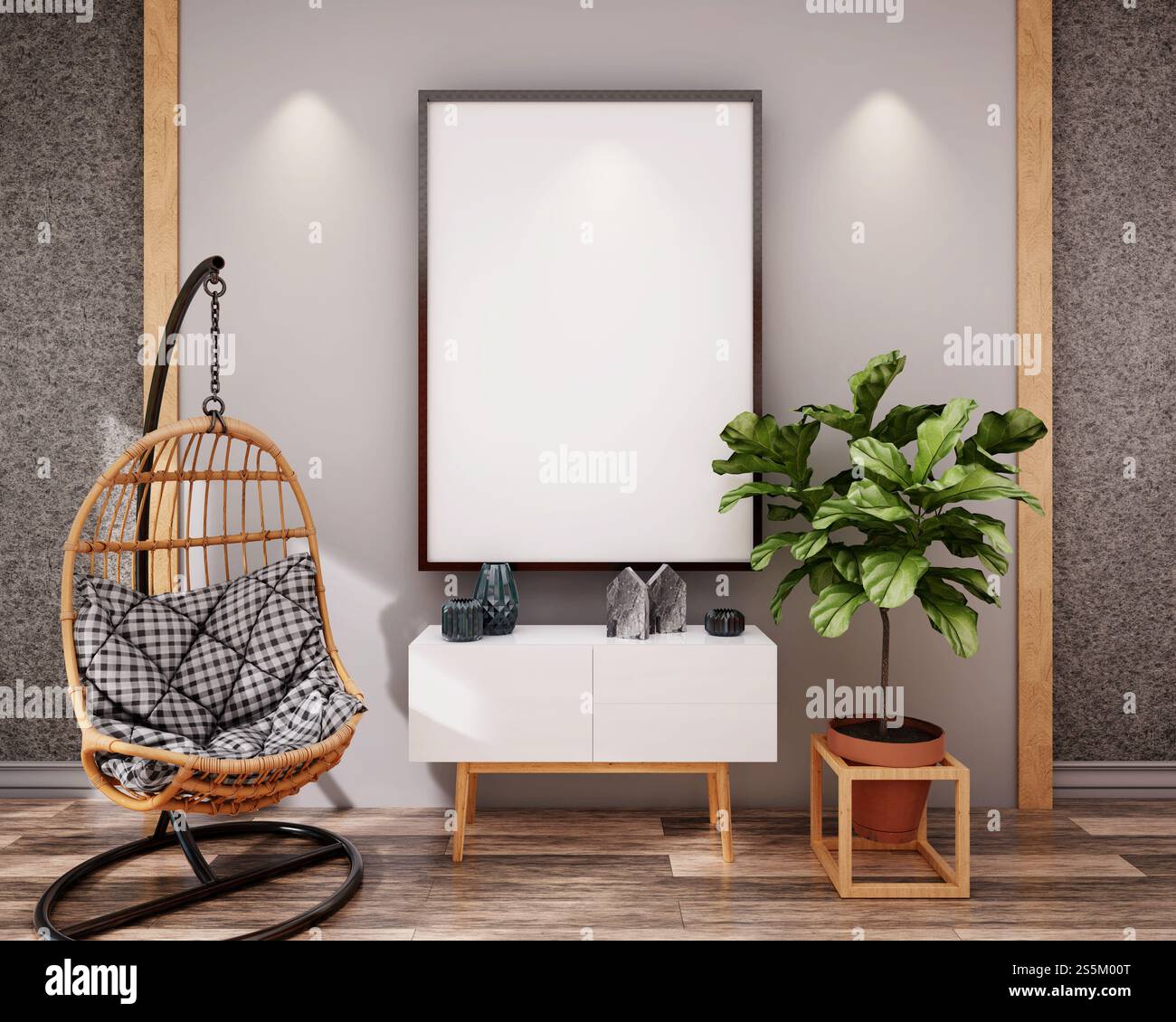 Illustrazione 3D, Design degli interni in stile scandinavo, soggiorno con sedia e mobili e cornice fotografica mockup sulla parete, lampada e piante vuote Foto Stock