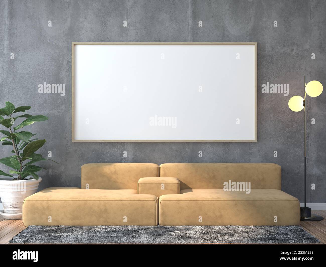 Illustrazione 3D cornici per poster interni appese alla parete su un divano basso su un tappeto, decorate con lampada e pianta in vaso in stile scandinavo Foto Stock