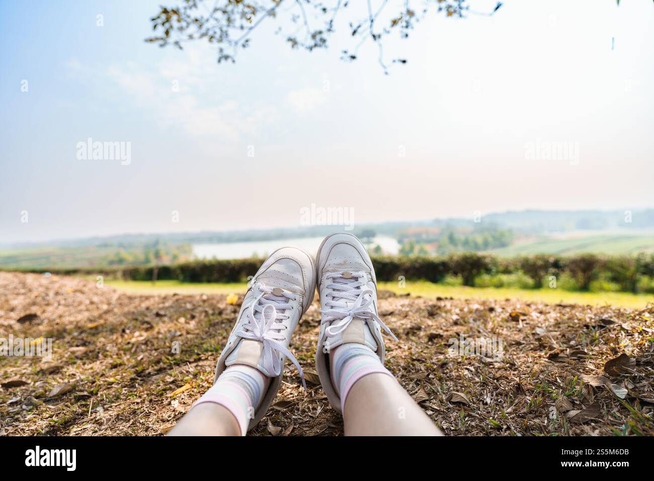 Legs of Traveler riposano seduti nella natura del parco Foto Stock