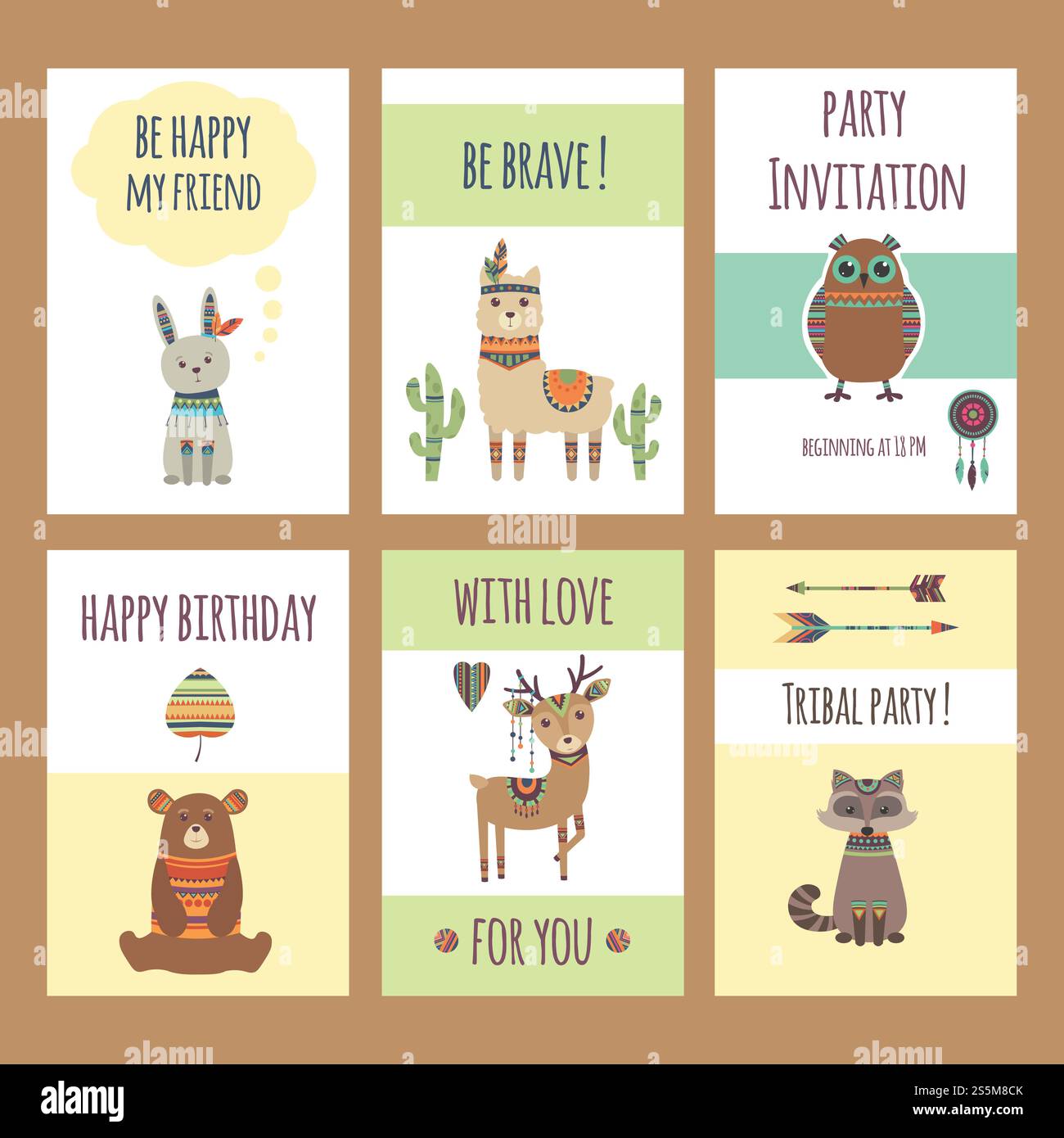 Carte animali tribali. Simpatici personaggi dello zoo: Scoiattolo lama lepre, cervo, leone, elefante, orso con modello per poster vettoriale di piume per bambini. Illustrazione di tribù, conigli e lama di animali da orso. Carte animali tribali. Simpatici personaggi dello zoo: Scoiattolo lama lepre, cervo, leone, elefante, orso con modello per poster vettoriale di piume per bambini Illustrazione Vettoriale
